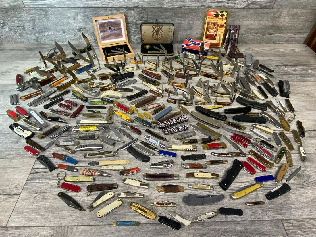 HUGE LOT OF 224 VARIOUS POCKET KNIVES: SCHRADE, IMPERIAL, MAGNUM, FROST, ROUGH RIDER, & OTHERS. GOOD TO VERY GOOD CONDITION.