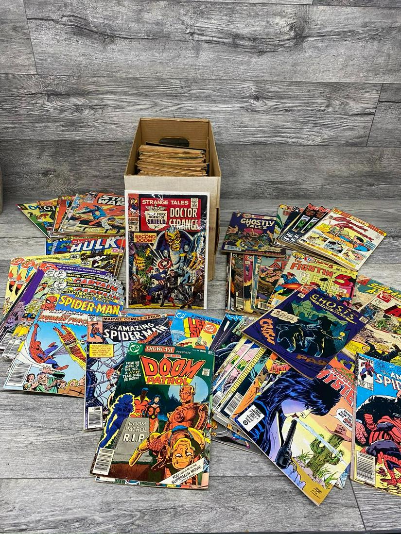 LARGE LOT OF 200+/- ASSORTED COMICS: VINTAGE & NEWER COMICS. DOOM PATROL, ATTACK, SPIDER-MAN, GHOSTLY TALES, CAPT. MARVEL, CONAN, & MANY OTHERS