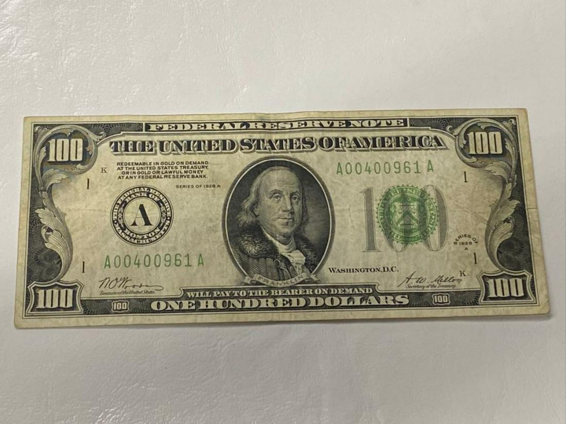 1928 LIGHT SEAL BOSTON $100 NOTE: SN A00400961A