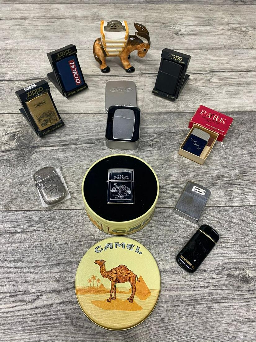 LLT OF 10 VINTAGE CIGARETTE LIGHTERS: ZIPPO, ADVERTISING LIGHTERS, PARK. NEW TO FOUND CONDITION