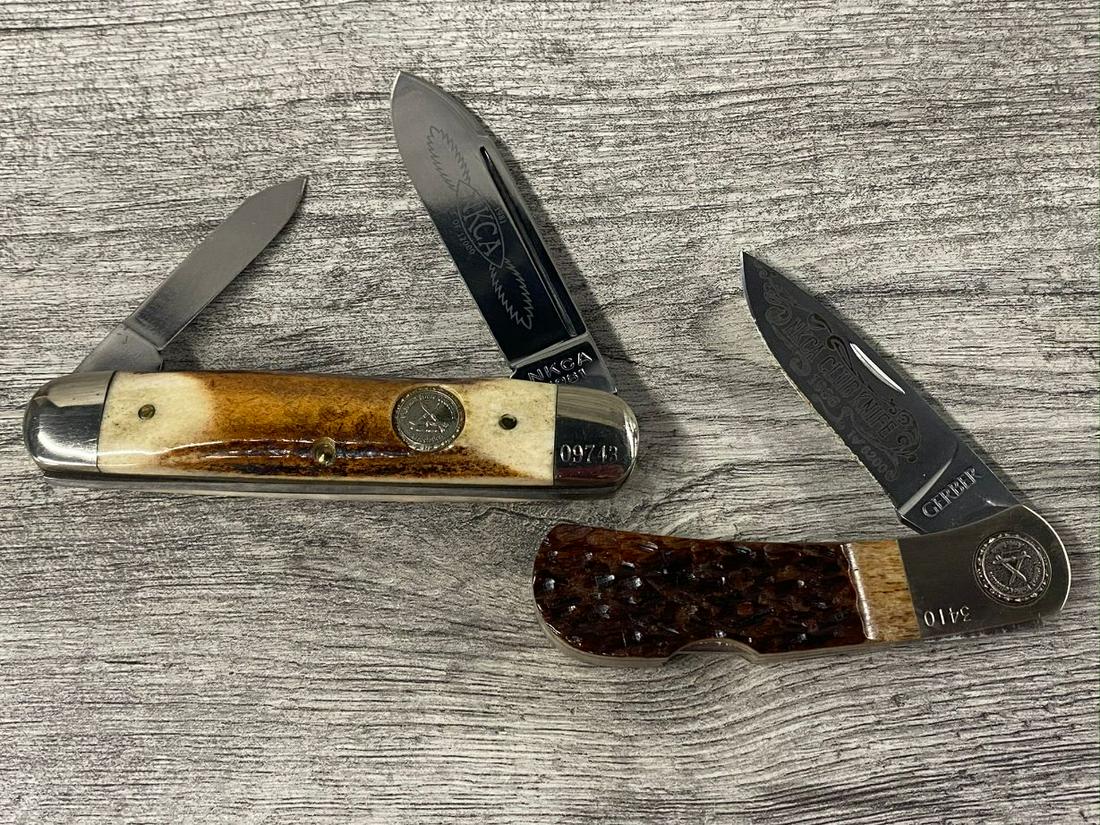 LOT OF 2 NKCA POCKET KNIVES: GERBER# 97223. 1981 NKCA ON OF 12,000- STAG HANDLE