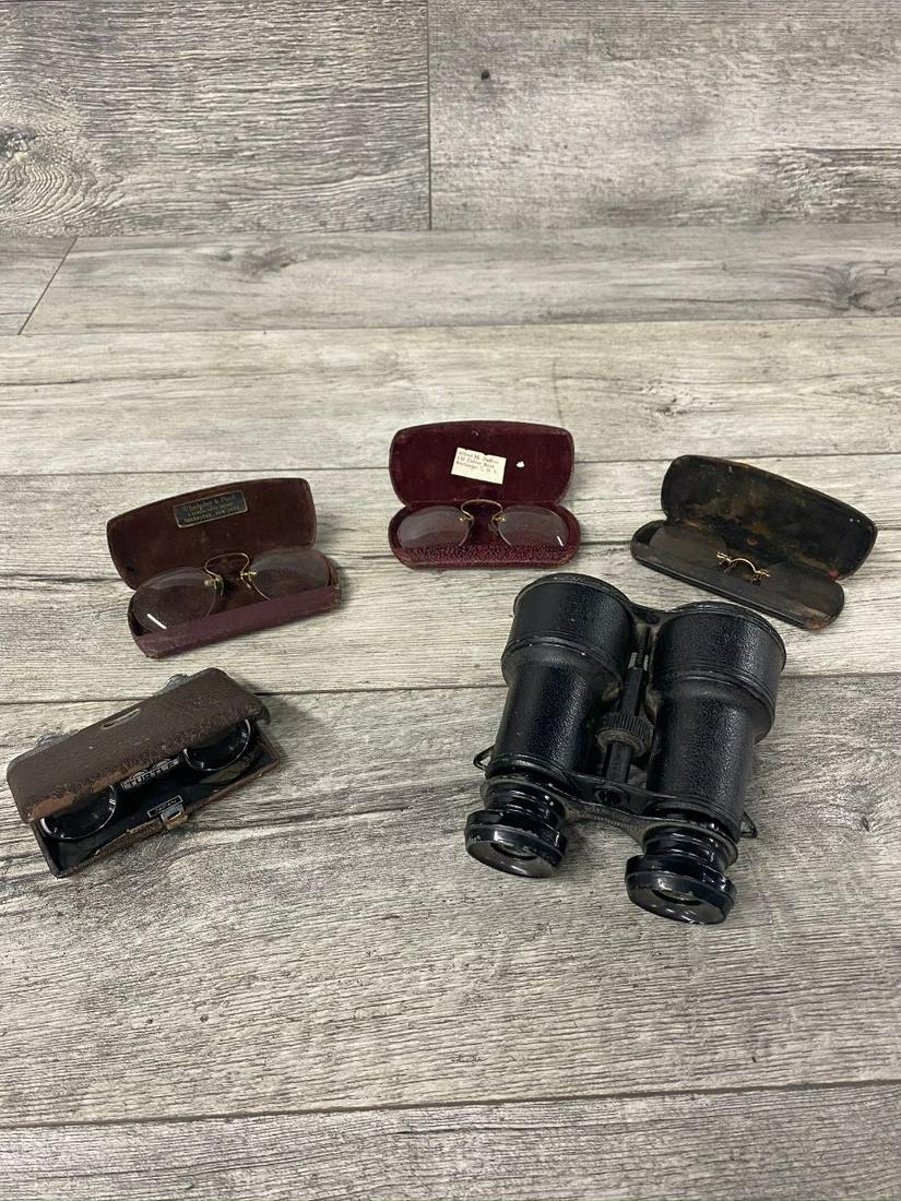 VINTAGE BINOCULAR AND SPECTACLE LOT: WWI SUPER DREADNOUGHT BINOCULARS, 3 PAIR SPECTACLES, 4 PR TURTLE BINOCULARS. FOUND CONDITION.