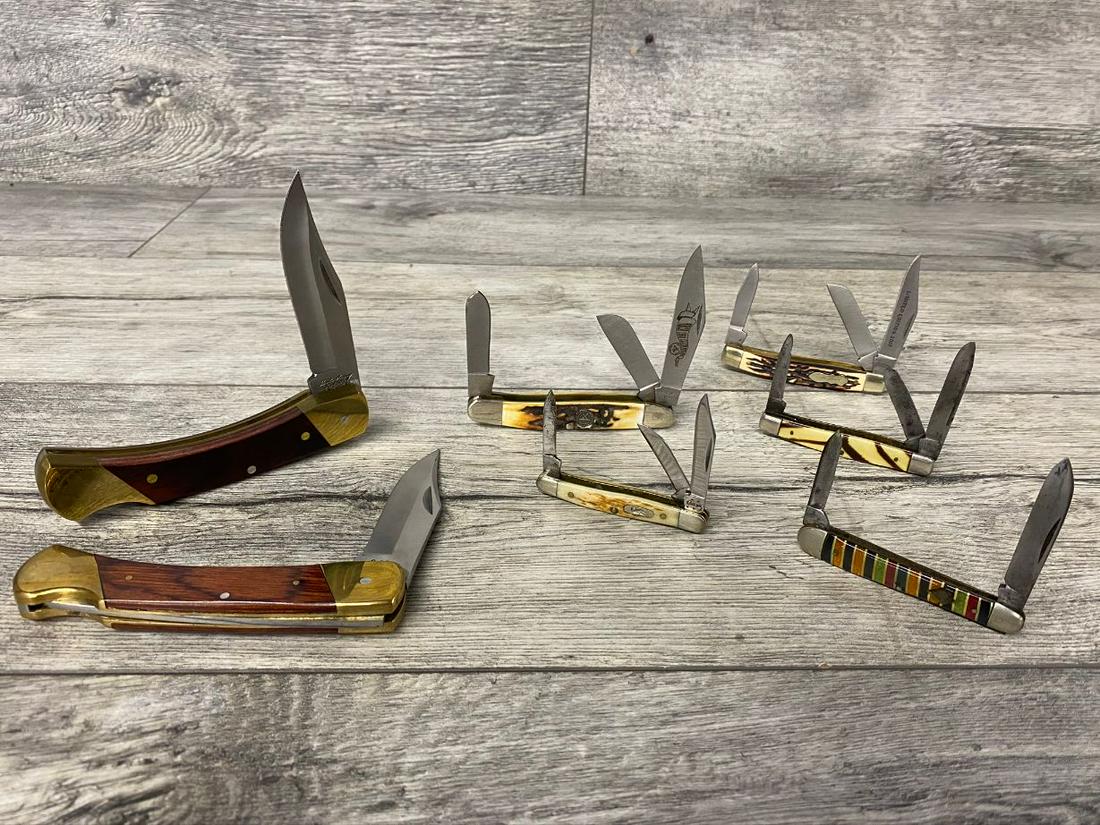 LOT OF 7 VINTAGE POCKET KNIVES: 3- BLADE CASE, 3- BLADE BOKER, 2- BLADE JOHN PRIMBLE, 3- UNCLE HENRY, 3- BLADE BEAR. GOOD, USED CONDITION