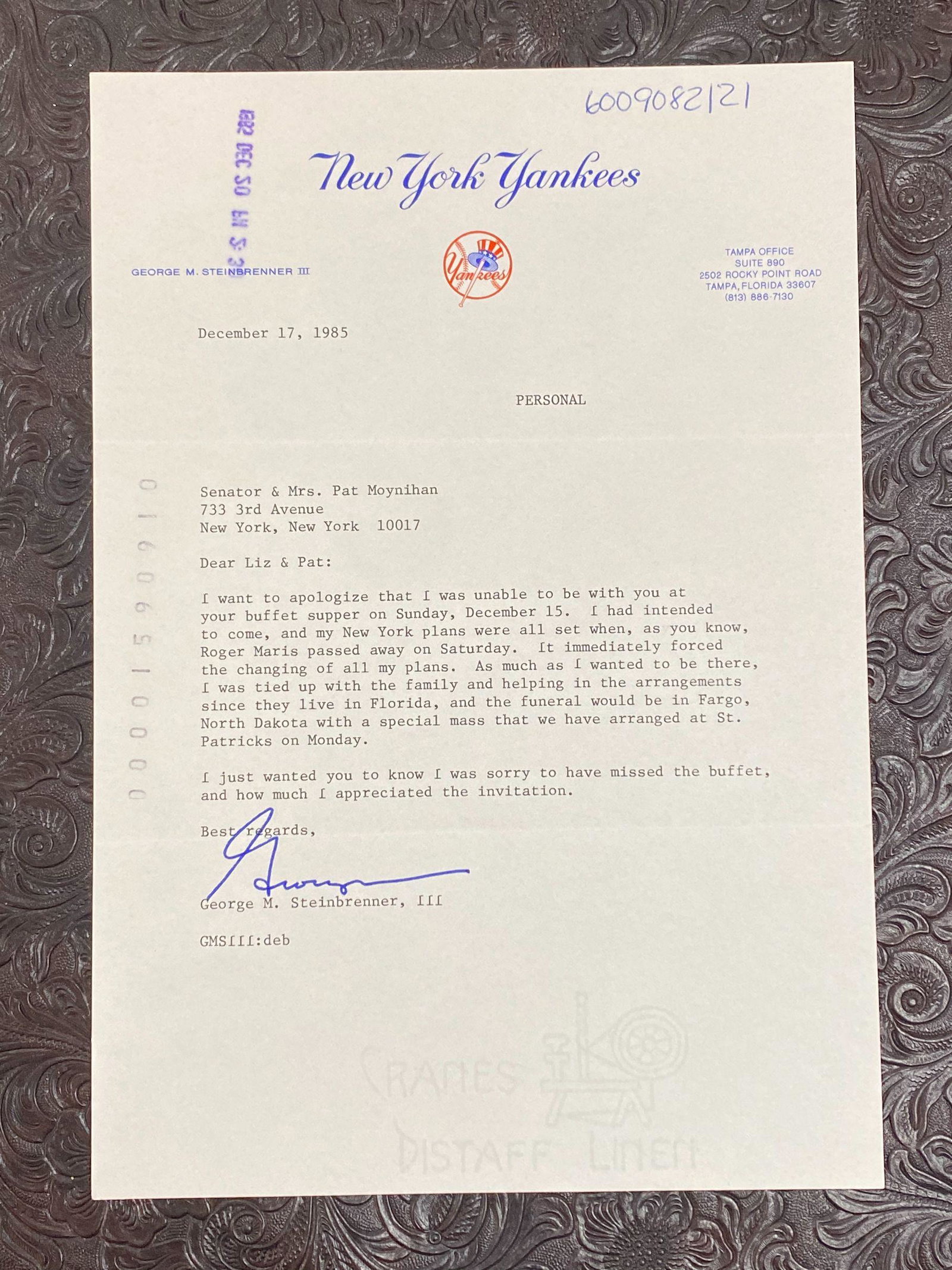 Letter Signed by George Steinbrenner III; Slice of: Typed letter signed â€œGeorge” on the Bossâ€™s official engraved New York Yankees pictorial letterhead (Tampa Office) watermarked â€œCranes Distaff Linen.” Dated December 17, 