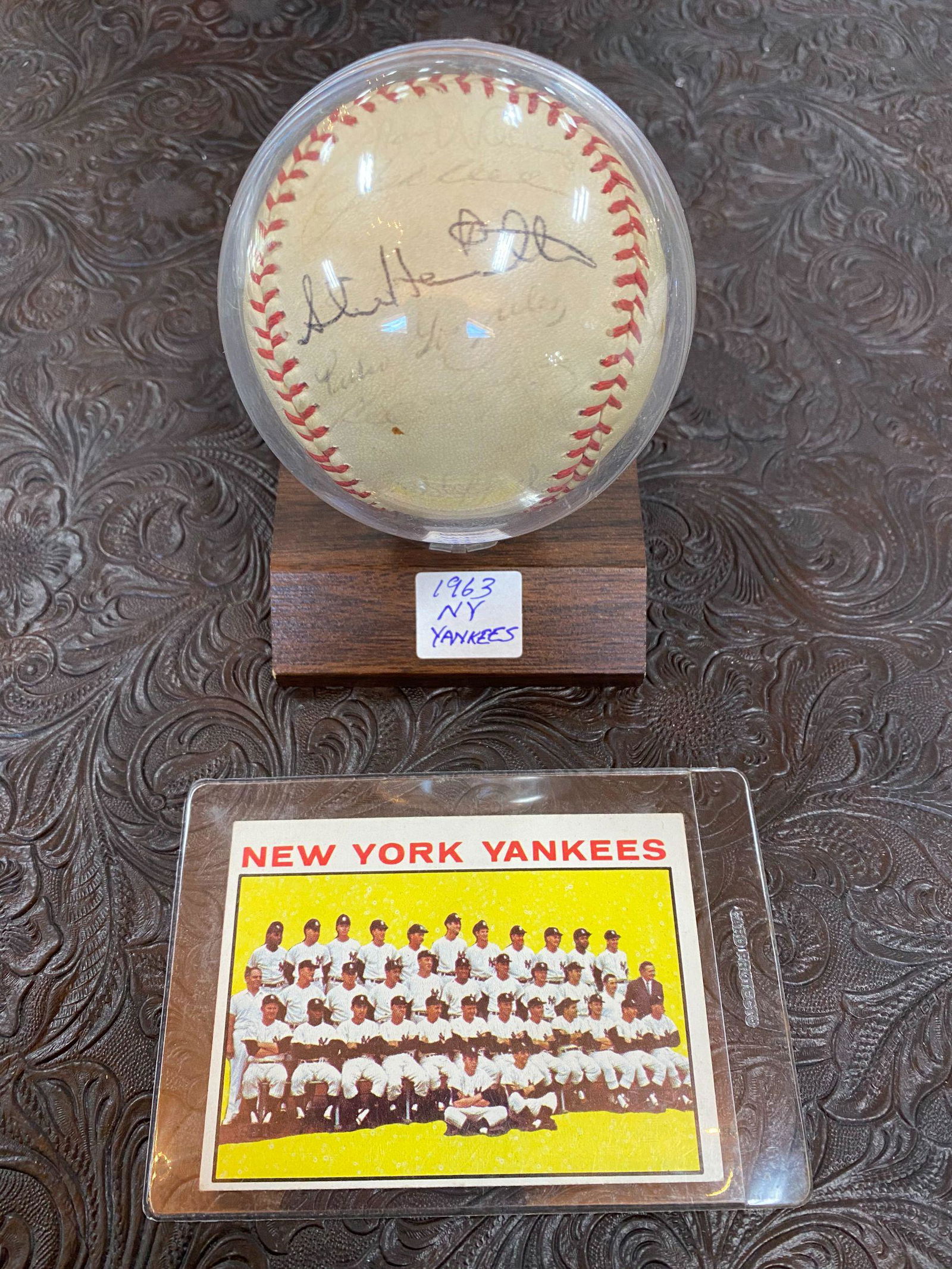 1963 American League Champion New York Yankees: The sigs of Joe Pepitone and Steve Hamilton stand out clearly. Others have faded substantially, but one can still make out these autographs: Yogi Berra, Mickey Mantle (may be clubhouse ), Tony Kubek,