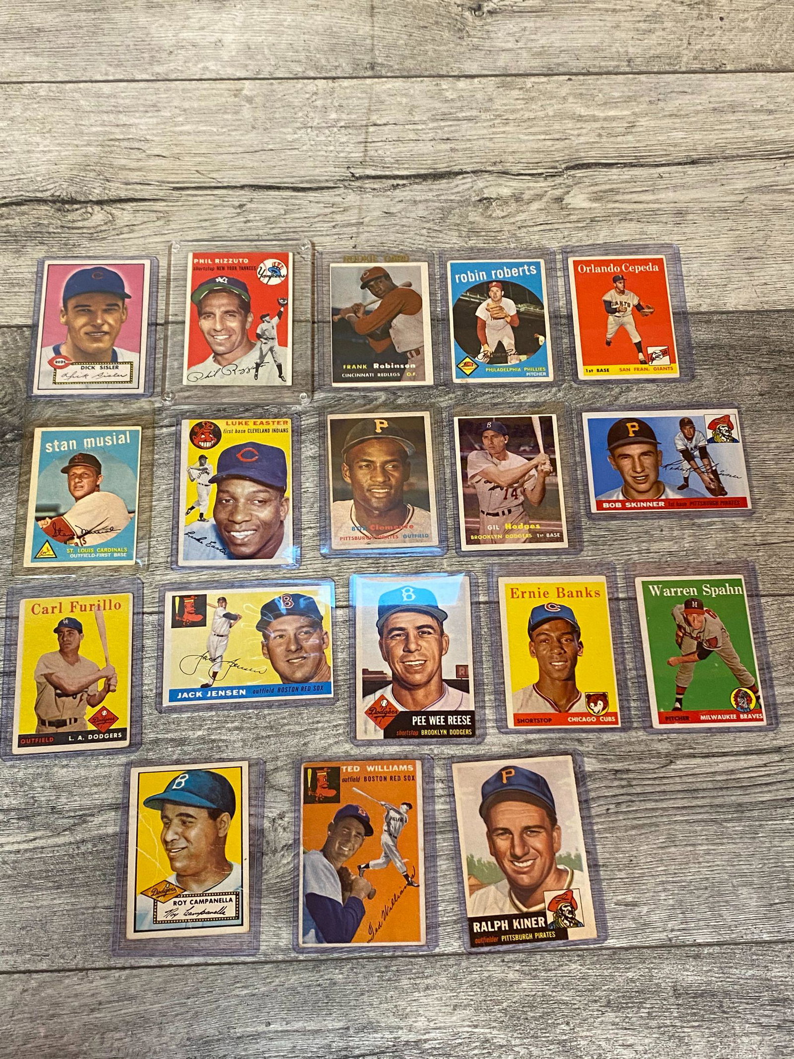 Lot of 15 1950s Topps Baseball Card HOFs and RCs: 1954 #1 Ted Williams (G), 1953 #191 Ralph Kiner (VG), 1952 #314 Roy Campanella (F), 1958 #417 Carl Furillo (VG), 1959 #150 Stan Musial (VG), #113 Dick Sisler (EX), 1958 #270 Warren Spahn (VG), 1958 #3