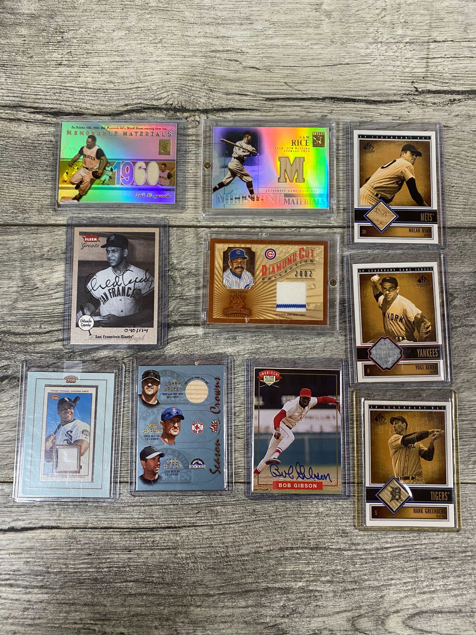 10 MLB HOF relic/auto cards: Thomas (U), Gibson (A), Greenberg (B), Berra (U), Walker (B), Cepeda (A, 40/174), Dawson (U, pinstripe), Rice (B), Mazeroski (U), N. Ryan (B). SOLD AS IS. BUYER ASSUMES ALL RISKS AND RESPONSIBILITY, W