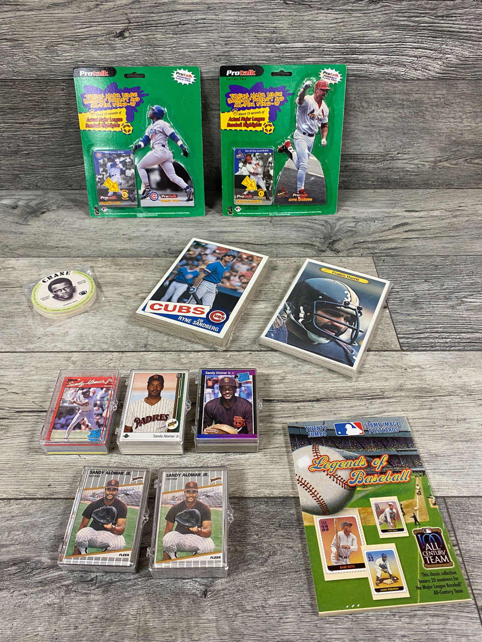 CARDS AND COLLECTABLE LOT: SANDY ALOMAR JR. 1989 APPROX 240 CARDS, 2 TOPPS BASEBALL/FOOTBALL JUMBO/GAINT STARS CARDS SETS, LEGENDS OF BASEBALL POST CARDS, 2 PROTALK ALL STAR STAND UPS