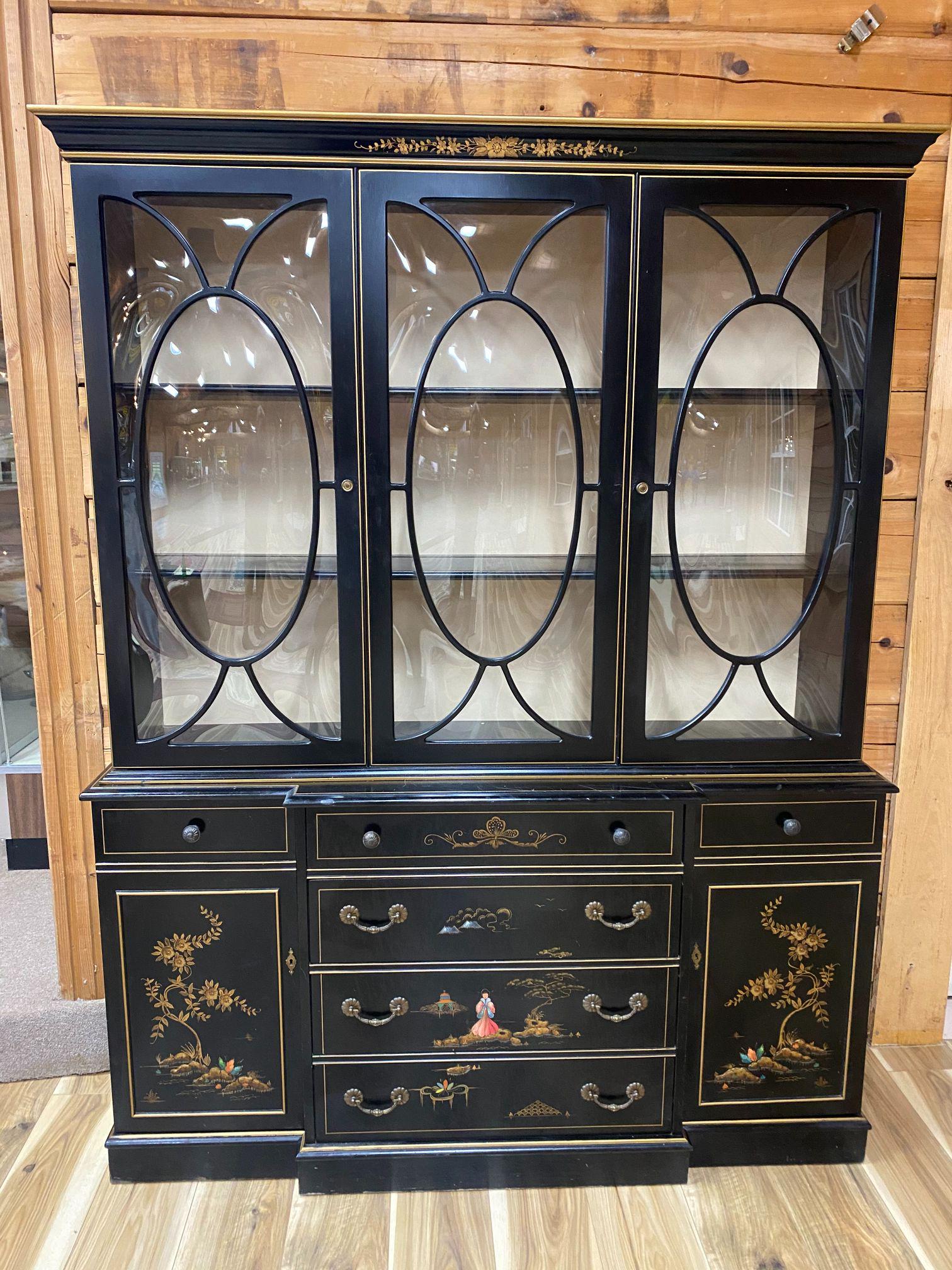 HAND PAINTED ASIAN BUBBLE GLASS CHINA CABINET: GEORGOUS BUBBLE GLASS THIS CHINA HAS CENTER DESK. 77.5 T X 60IN X 16IN D