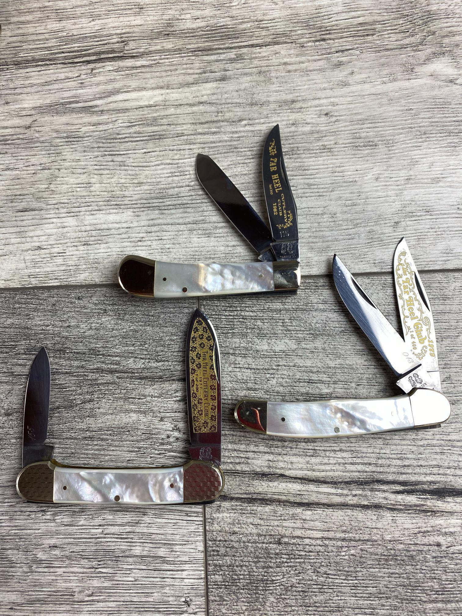 LOT OF 3 TAR HEEL CLUB KNIVES: FIGHTIN' ROOSTER 1977-165/200. 1979-13/400, 1882- 115/350