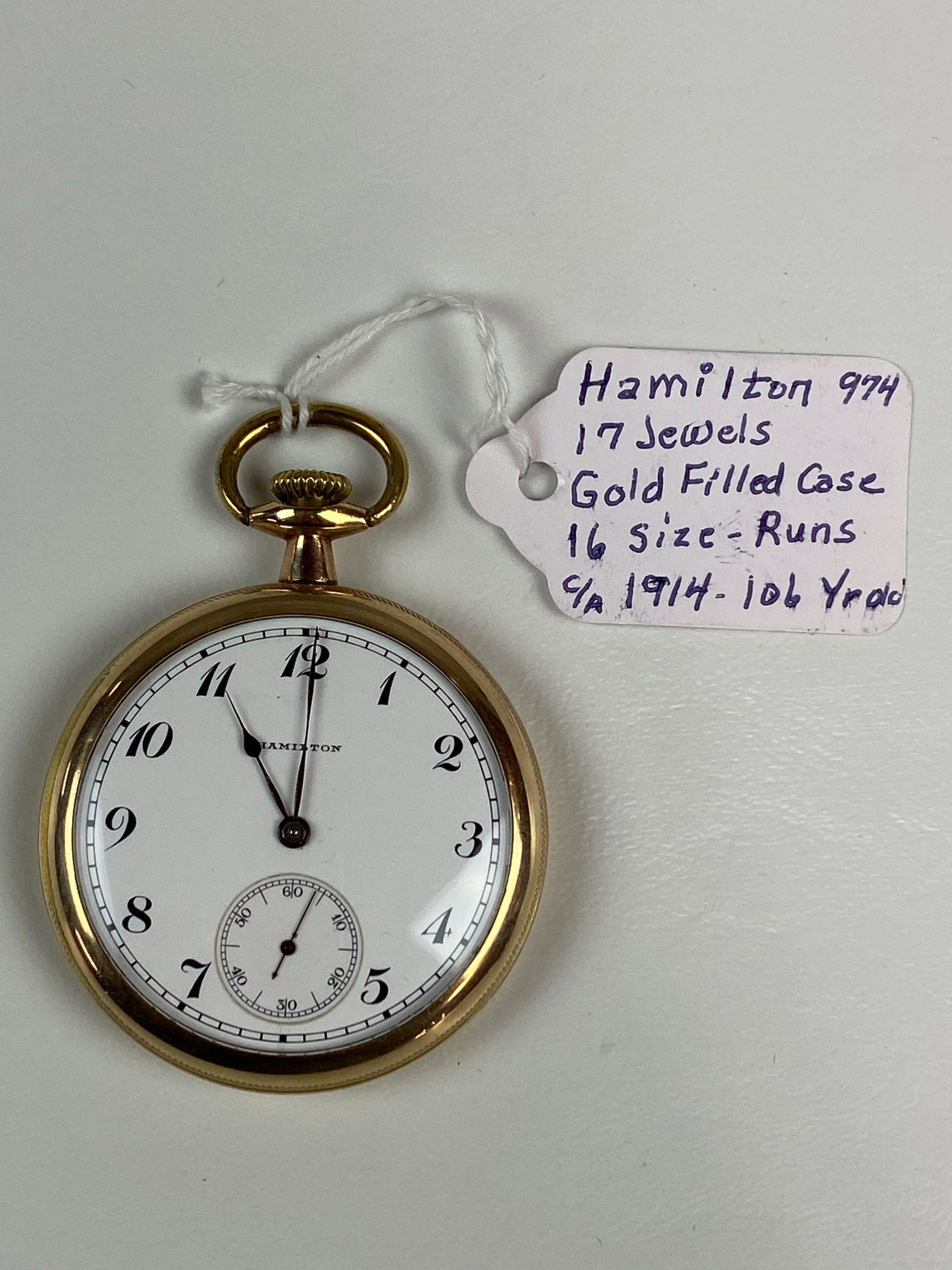 HAMILTON 17 JEWEL GOLD FILLED CASE POCKETWATCH: HAMILTON 974, 16 SIZE, CA 1914. RUNS
