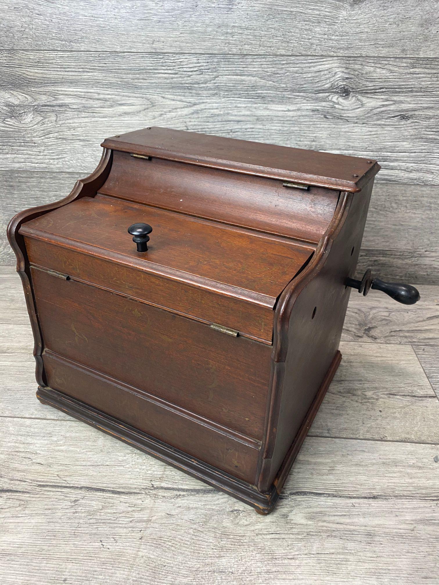 Antique Boyle Bros Walnut Meldoia Roller Organ Music: In walnut case with original sold stencil. 11.5 inches T x 12 inches W x 10.5 inch D, will need serviced, not working at this time