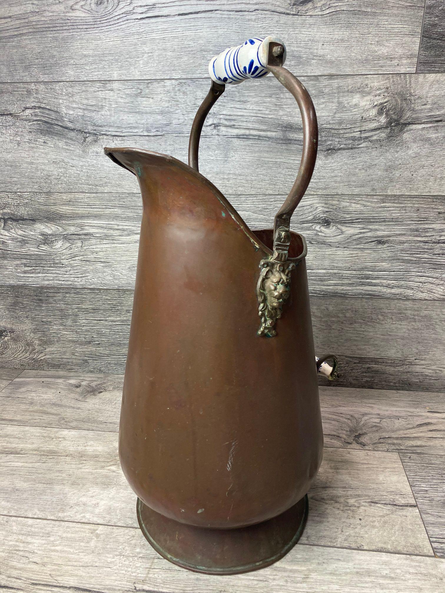 Large Solid Copper HOD: Solid copper coal HOD with porcelain handles. 22.5 inches T x 10.5 inch D