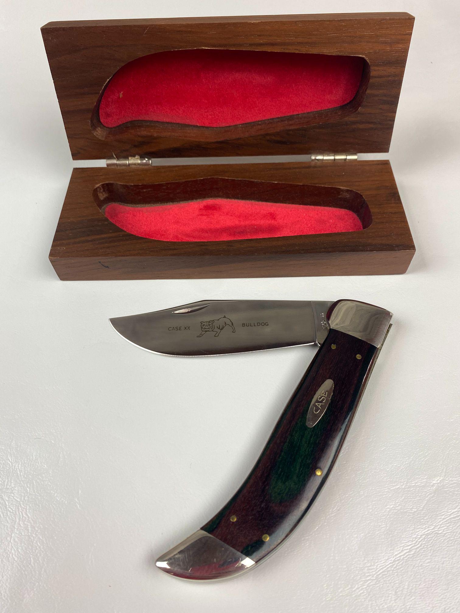CASE XX EARTHWOOD E172 SS KNIFE: RARE WOOD HANDEL CASE XX BULL DOG E172. LIKE NEW CONDITION WITH WALNUT BOX