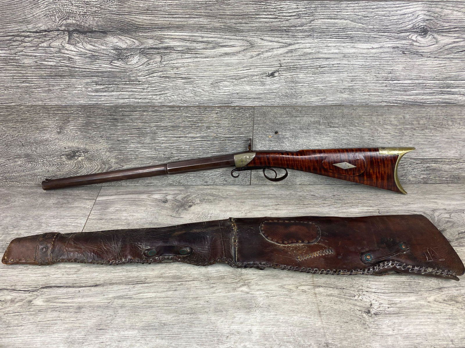 SUPER RARE! 1830'S TO 1840'S STAGE COACH GUN 45 CAL.: ORIGINAL FLIP UP SITE, ORIGINAL SCABBARD 16 1/2IN BARREL. ORIGINAL FINISH- CURLY MAPLE STOCK. RARE FIND!