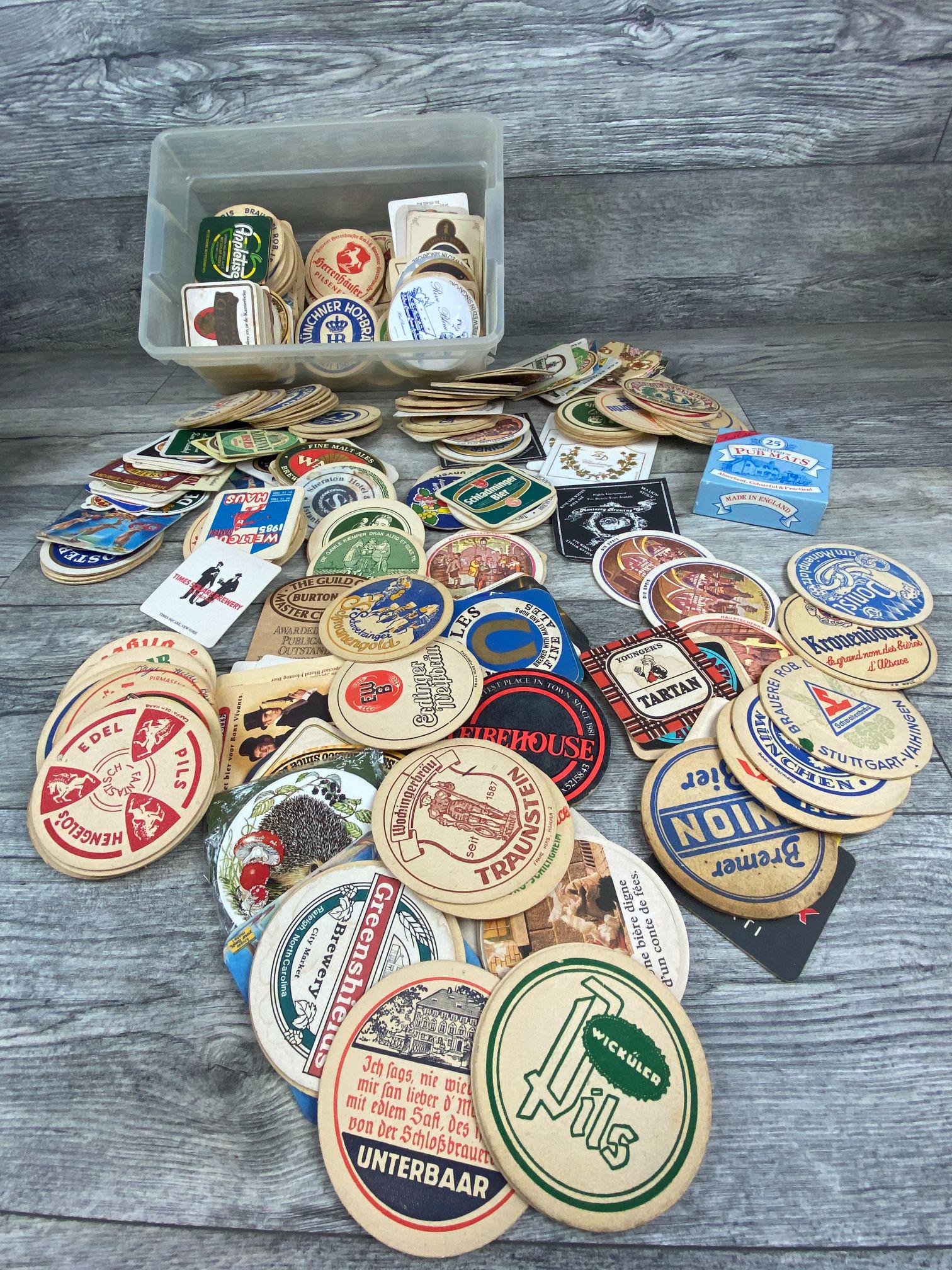 VINTAGE INTERNATIONAL BEER BEVERAGE COASTERS: CARDBOARD COASTERS FROM MANY COUNTRIES. FOUND CONDITION