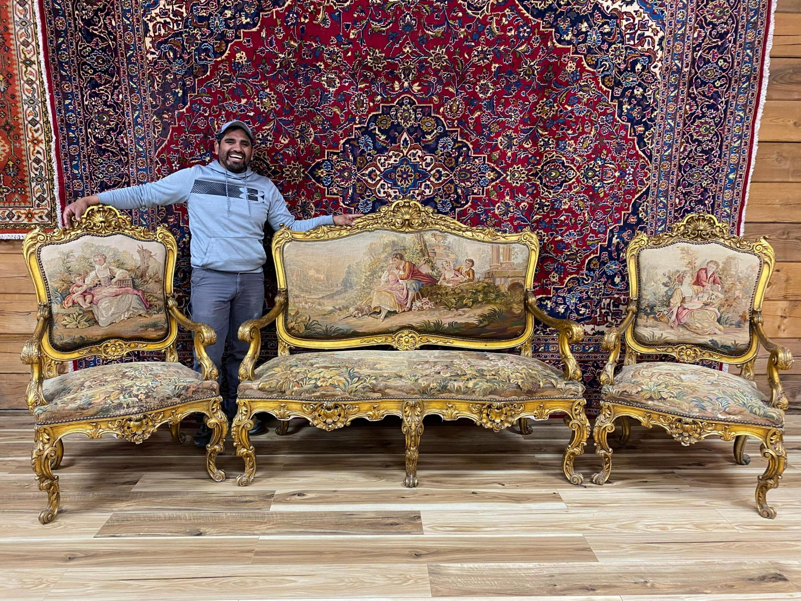 MAGNIFICENT 3 PC. 18-19TH CENTURY FRENCH SALON SET: UPHOLSTERED WITH ORIGINAL AUBUSSON TAPESTRY. FRAMES ARE STURDY. DOES HAVE WEAR IN FABRIC. VGC FOR AGE AND USE. SOME TEARS IN FABRIC ON BACK-SEE PHOTOS FOR CONDITION. SETTEE-64"W X 52 1/2"T X 27"D, CHA