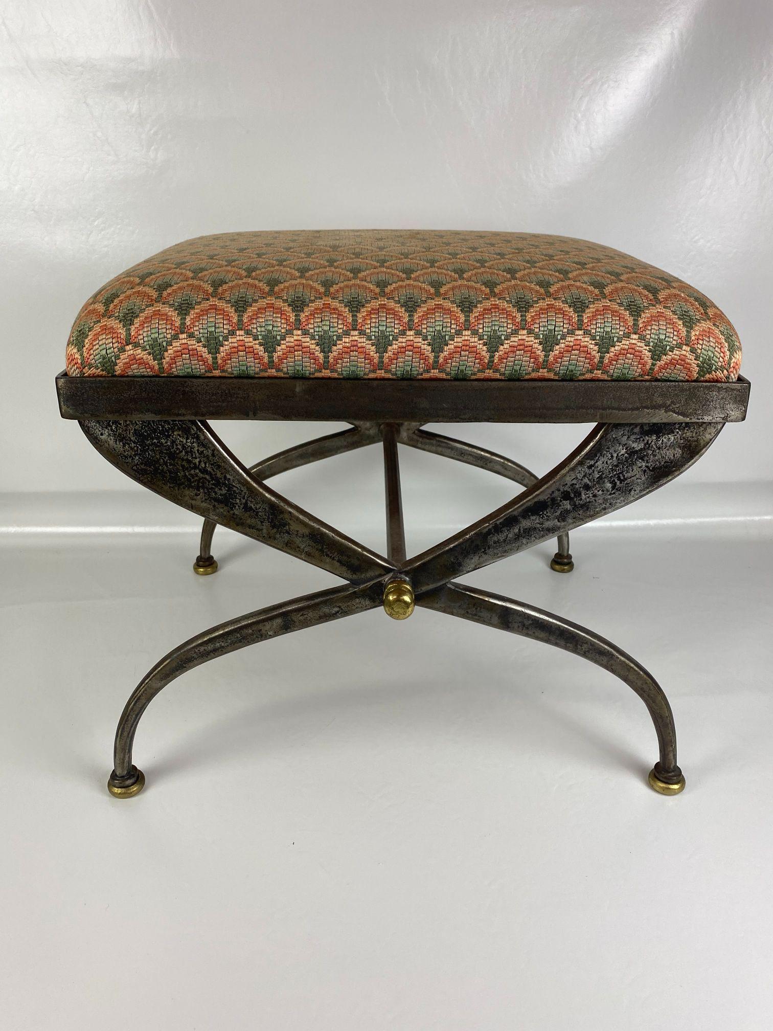 METAL VANITY STOOL: HEAVY AND STURDY VANITY STOOL-WITH BRASS ACCENTS. VG ESTATE FOUND CONDITION. 22IN X 18IN D X 19-1/2IN T
