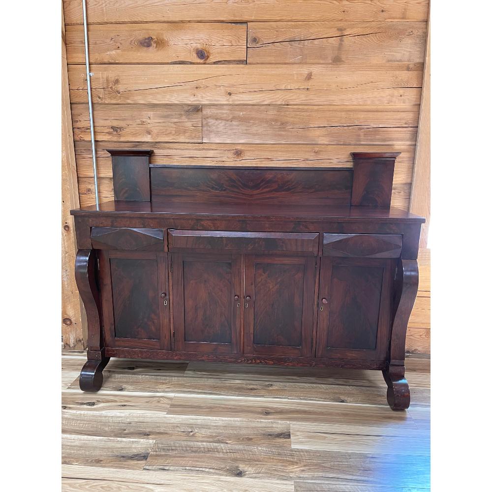 Incredible Flame Mahogany Sideboard Buffet: Attributed to Rose Furniture Co, Abingdon VA-Knoxville TN, champfered doors, empire feet. 71.75 Inches W x 54.25 Inches T x 22 Inches D.