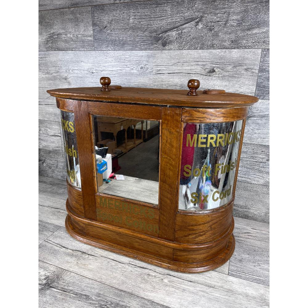 Very Unusual Merricks Oak Bow Glass Spool Cabinet: Patent July 20, 1897. 25 Inches T x 31 Inches L x 16.75 Inches D.