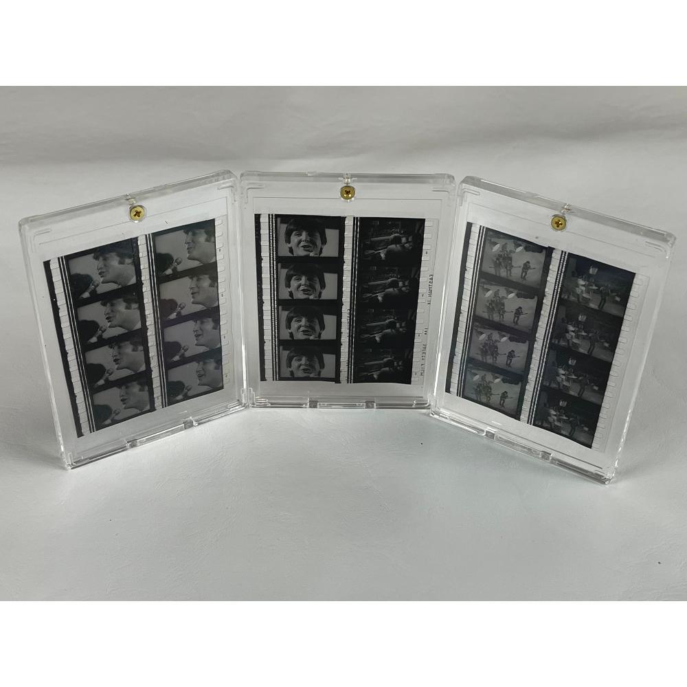 Beatles 35MM Movie Reel Clipped Frame: Eight frames show profile of John Lennon, Eight frames all 4 Beatles performances, eight frames Paul McCartney, close up.