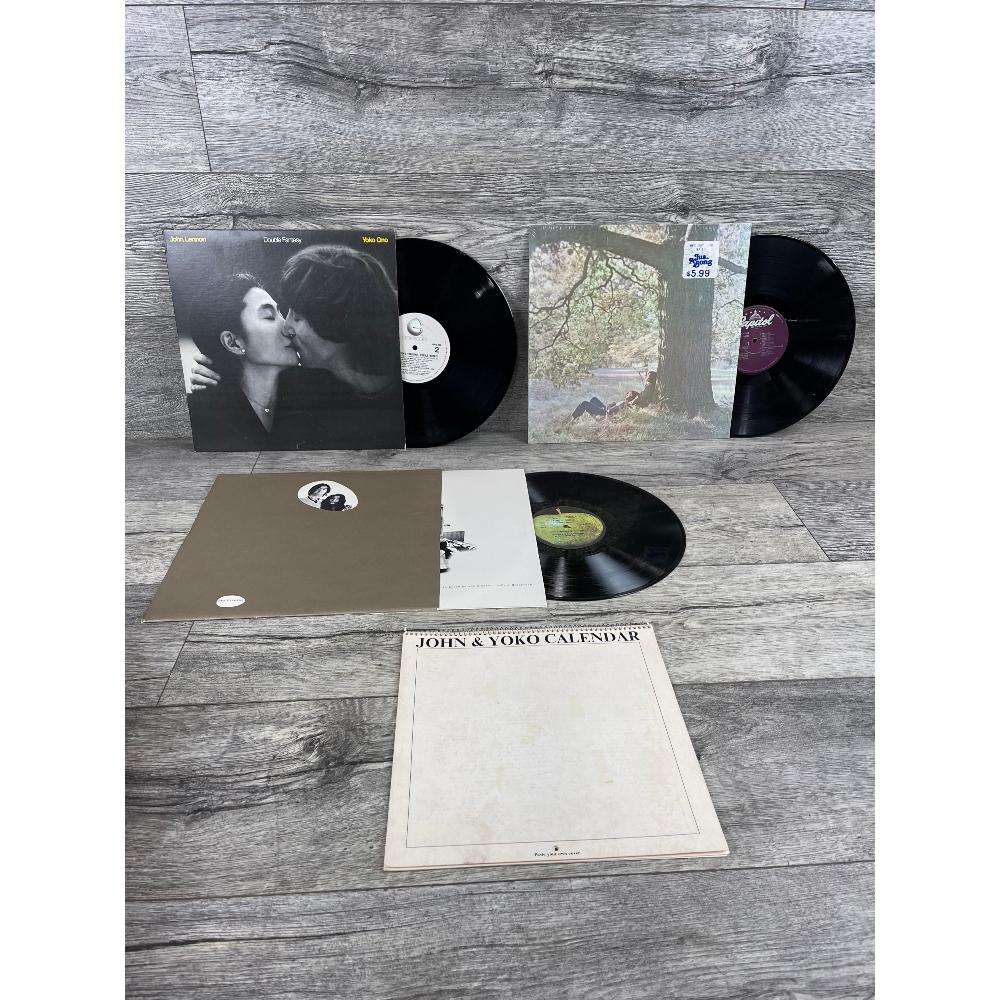 3 John Lennon Albums and John and Yoko Calandar: Two Virgins, Souble Fantasy, Plastic Ono Band