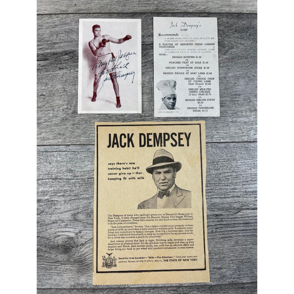 Jack Dempsey Memorabilia Lot: Heavyweight champion Jack Dempsey on post card, signed. Menu card from his famous restaurant.