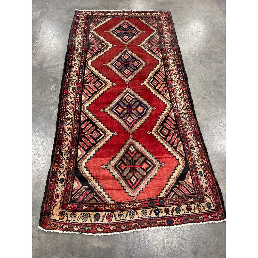 Sherivan hand knotted Persian wool rug: rust, cream, blue, brown, black, vgc, 4ftx8ft