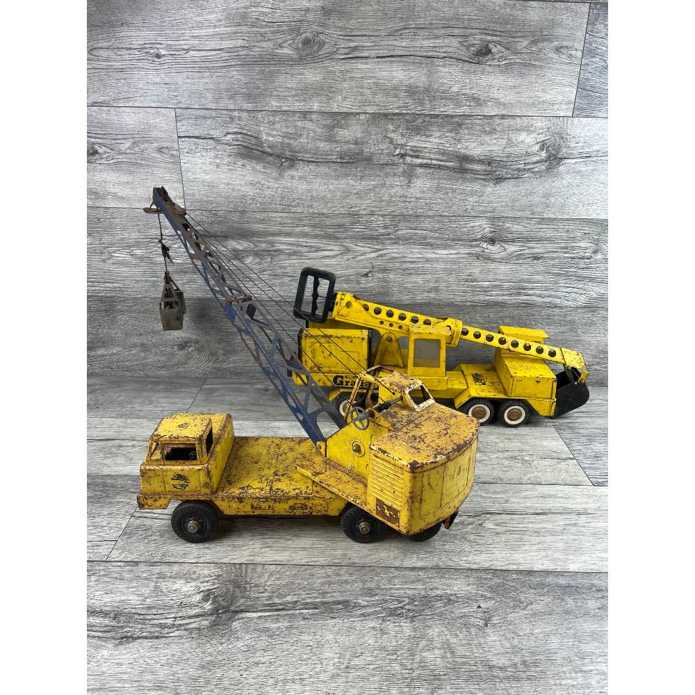Lot of 2 Vintage Toy Trucks: Buddy L Gradall, Nylint crane. Found, used cond.