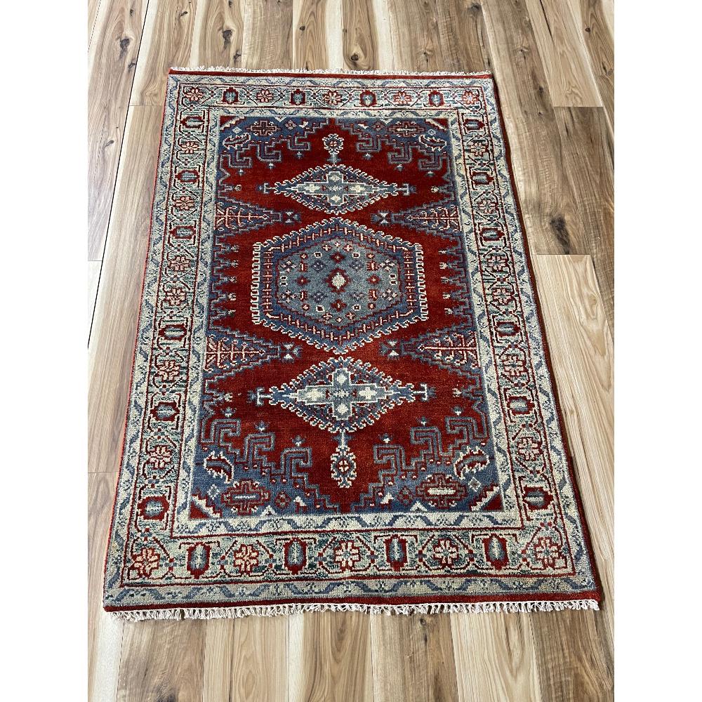 Vess Sarouk Hand Knotted Wool rug: rust, blue, cream. VGC. 4ft x 6ft