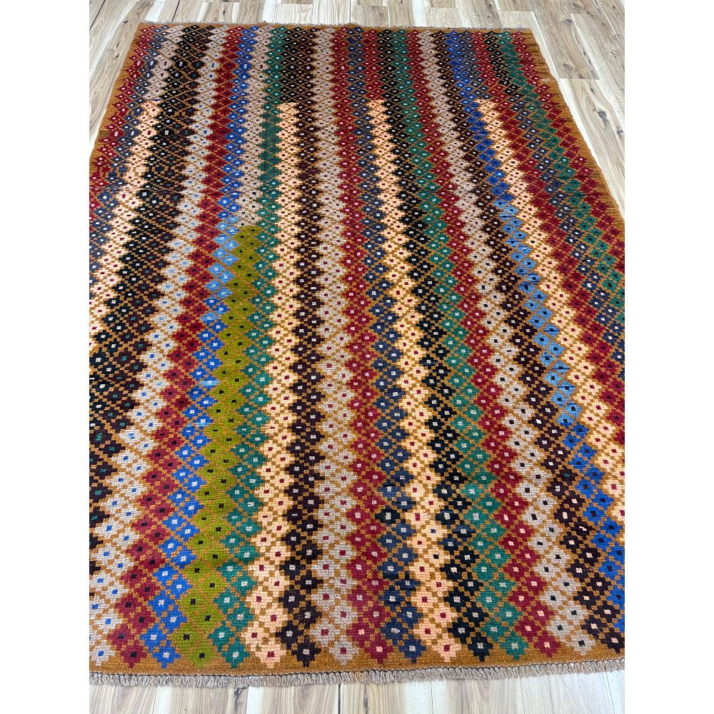 Persian Tiemani Hand Knotted Wool Rug: rust, green, blue, grey, red. 6.4ft x 9.2ft