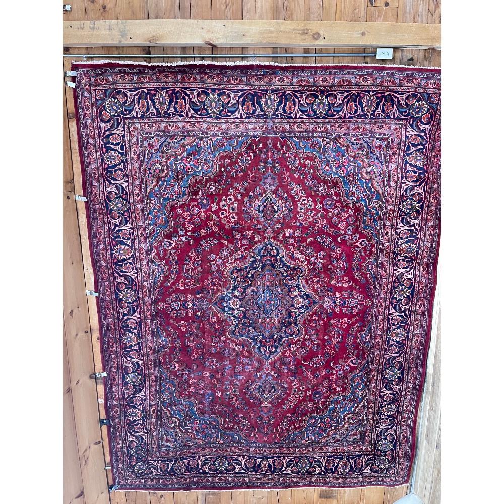 Antique Persian Hand Knotted Wool Rug: Normal wear. Red, dark blue, blue. 12.7ft x 9.6ft