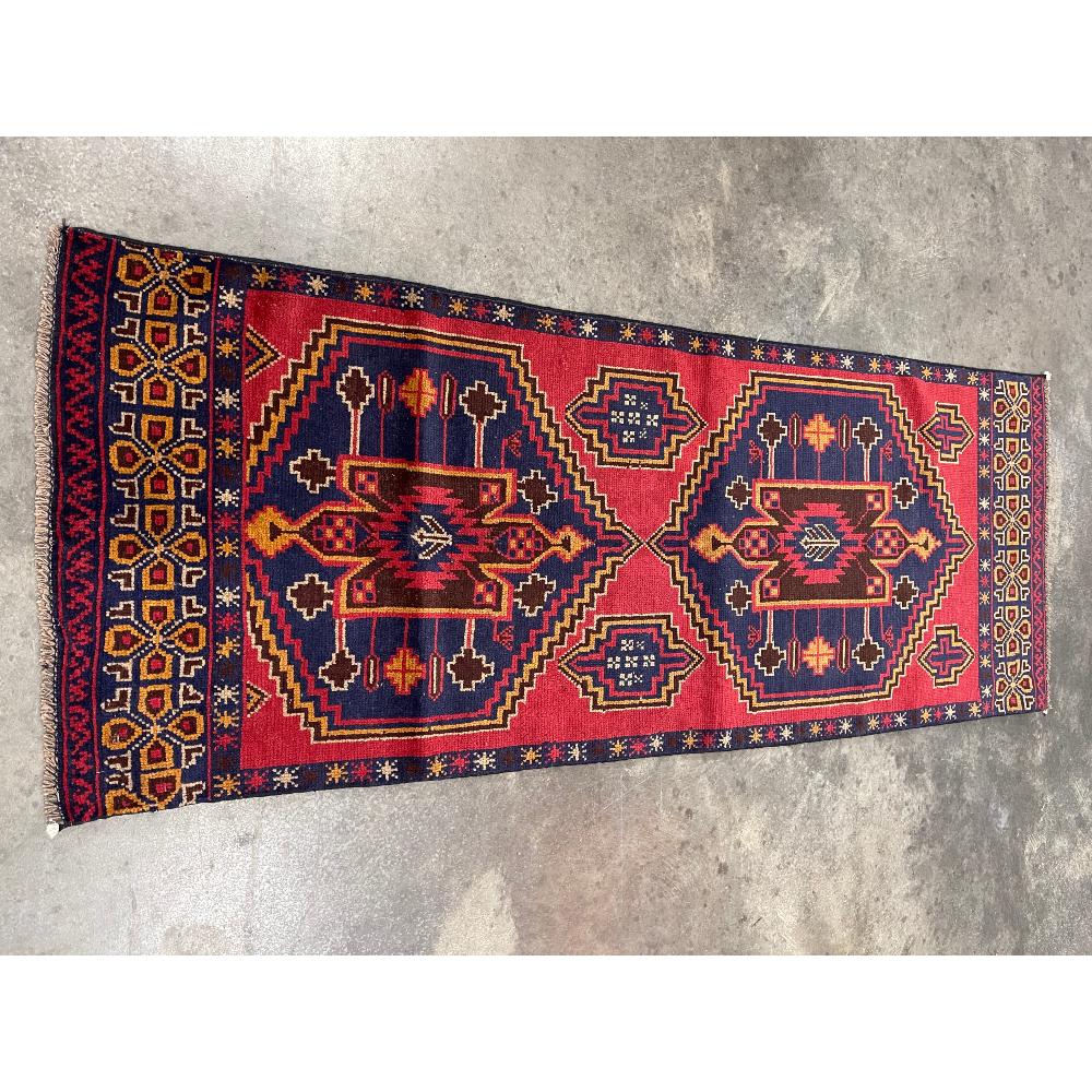 Caucasian Hand Knotted Wool Rug: red, dark blue, rust. VGC 2.6ft x 6.3ft