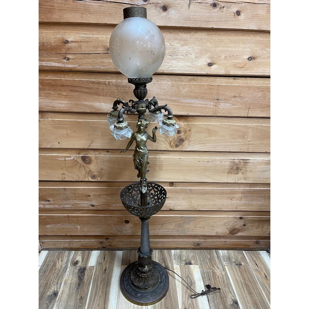 Antique Bronze Newel Post Lamp: Estate found condition, holding bracket is missing for globe -see pictures. 83in T