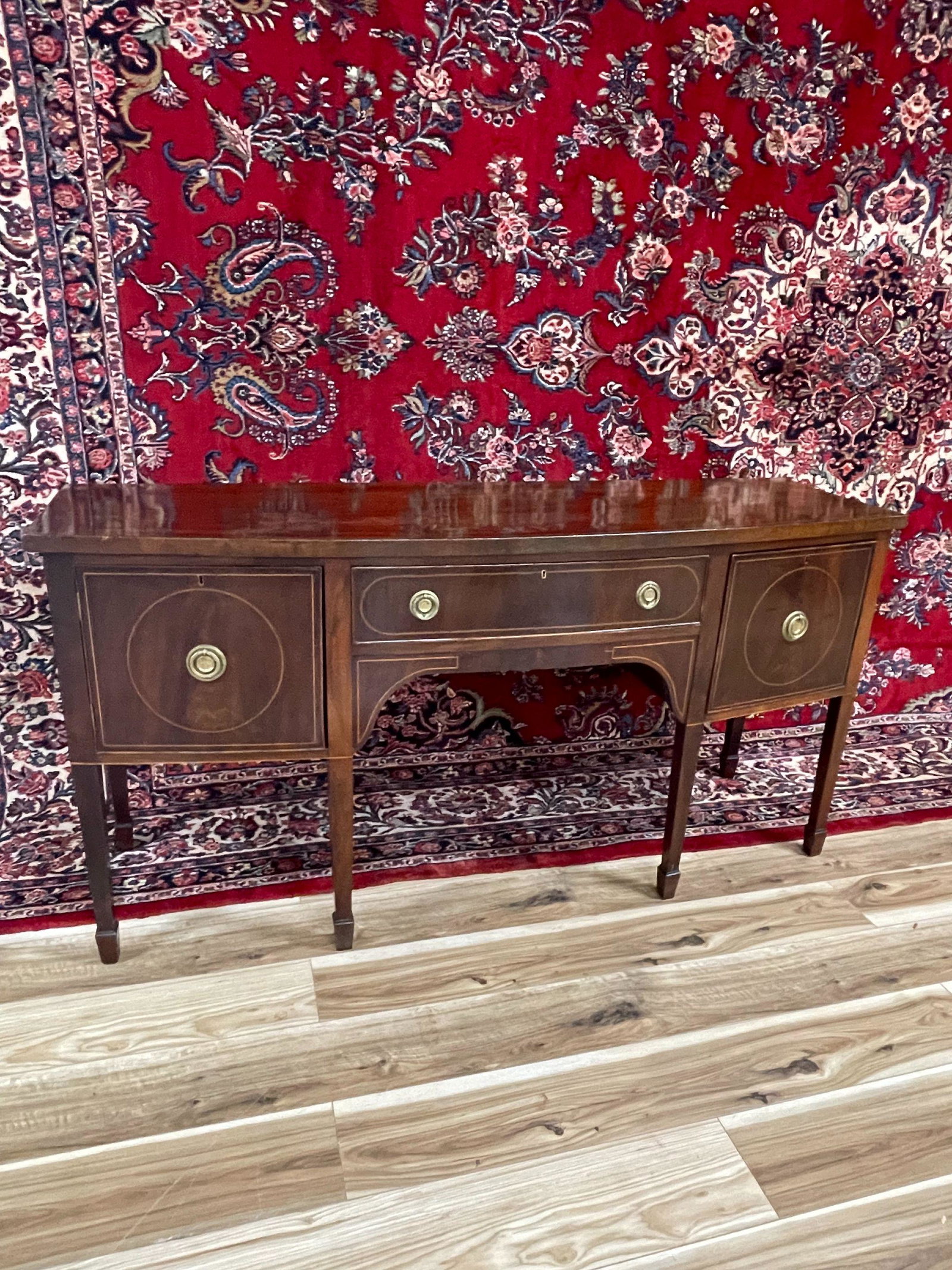 EARLY MAHOGANY SERVER: INLAID MAHOGANY SIDEBOARD-STRING INLAID, DETAILED BRASS HARDWARE, INLAID SQUARE TAPERED LEGS, 72 1/4"W X 36"T X 23 1/2"D