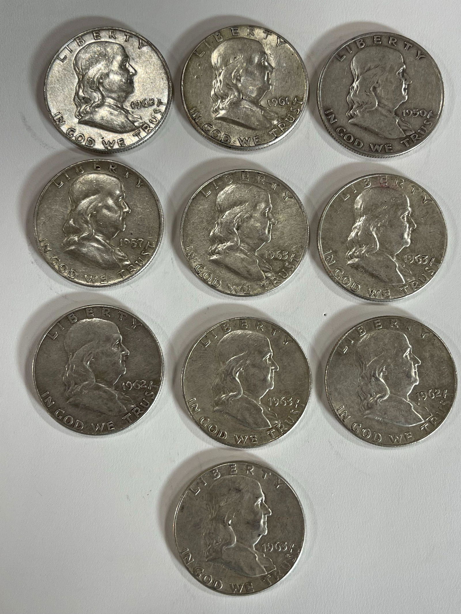 LOT OF 10 FRANKLIN HALF DOLLARS-90% SILVER (1 of 2)