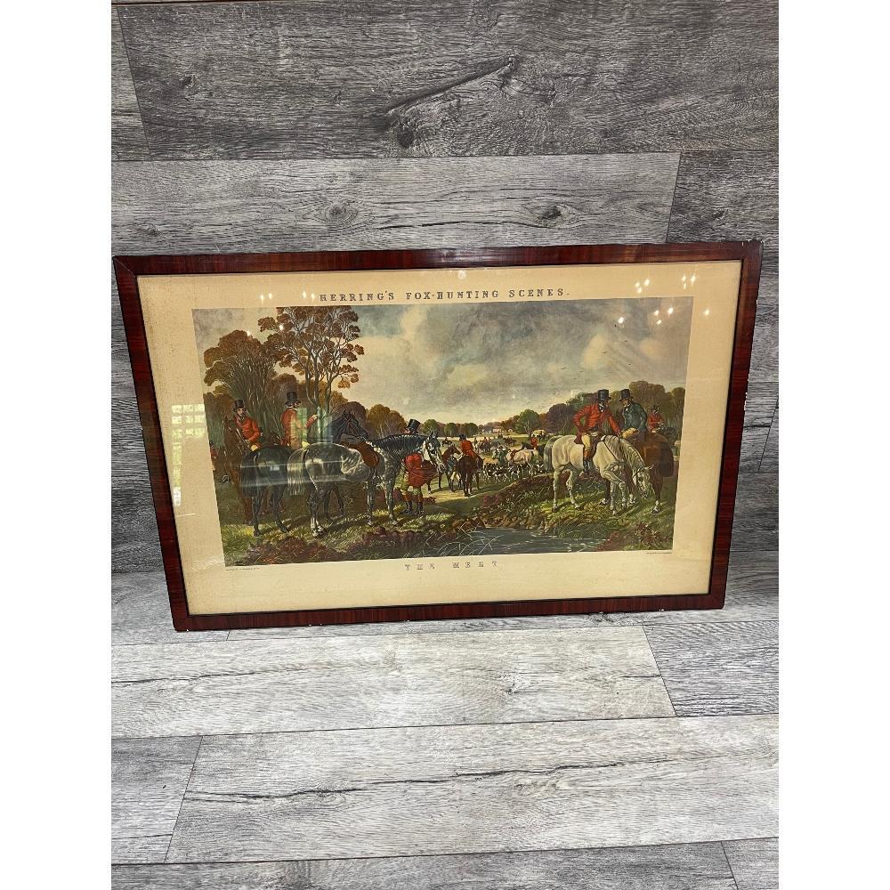 HERRING'S FOX HUNTING SCENES, THE MEET, BY J. HARRIS: Estate found condition, 39 inches x 25.5 inches framed.