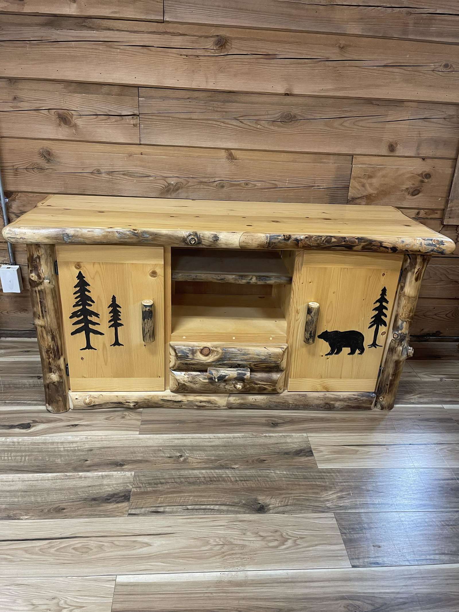 ASPEN CREEK TV CONSOLE TABLE: A BLACK FOREST DÃ‰COR EXCLUSIVE-ADJUSTABLE SHELVES, HAND MADE FROM ASPEN LOGS. ESTATE FOUND CONDITION, 61"W X 21 1/2"D X 30"T