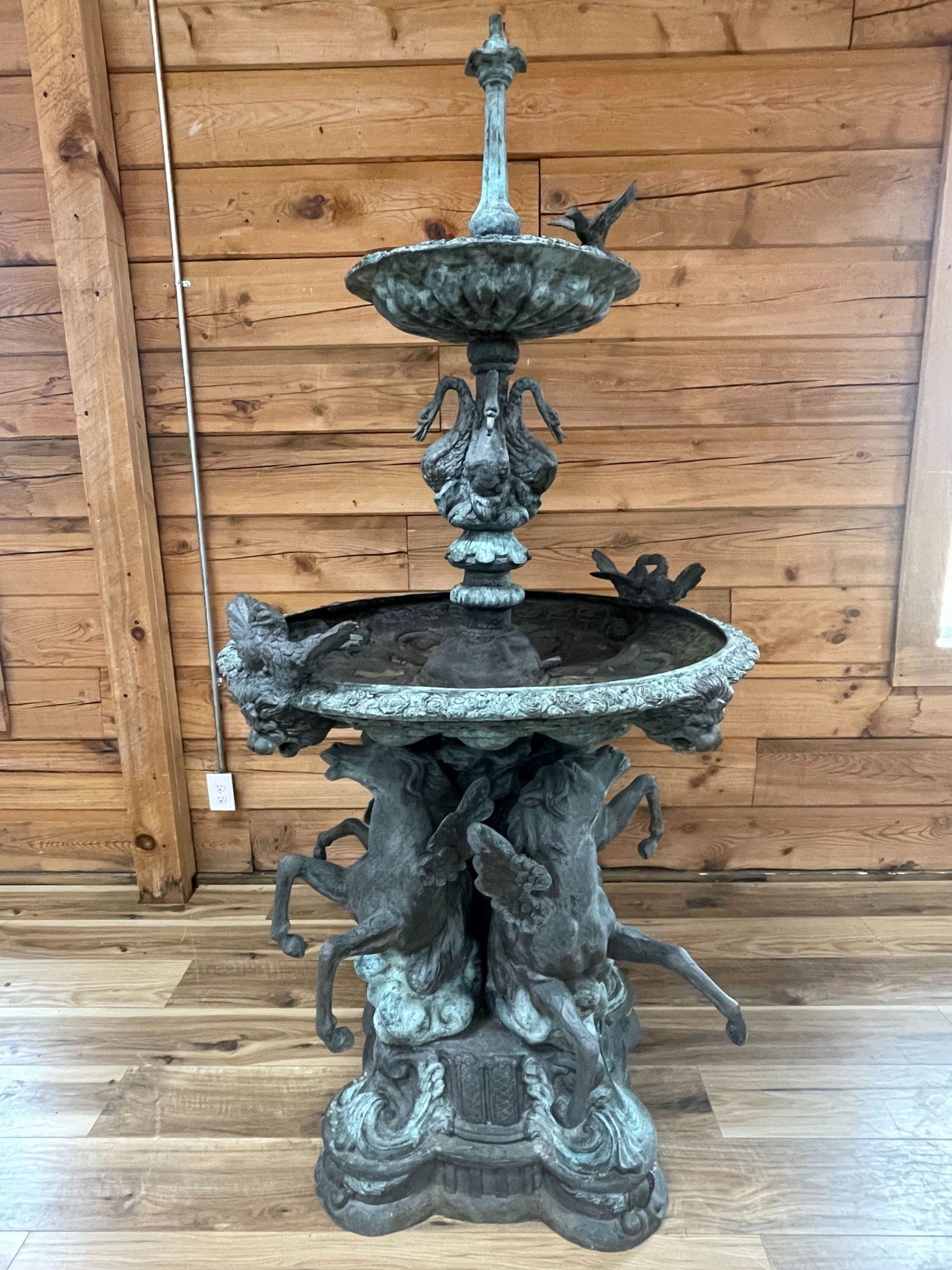 MONUMENTAL BRONZE GARDEN STATUE: THIS IMPRESSIVE GARDEN FOUNTAIN FEATURES AN INTRICATE COLLECTION OF SCULPURED BRONZE BIRDS AND PEGASUS HORSES WORKED INTO THIS 2-TIER FOUNTAIN. PATINA BRONZE FINISH. FABULOUS FOUNTAIN. ESTATE FOUND CO