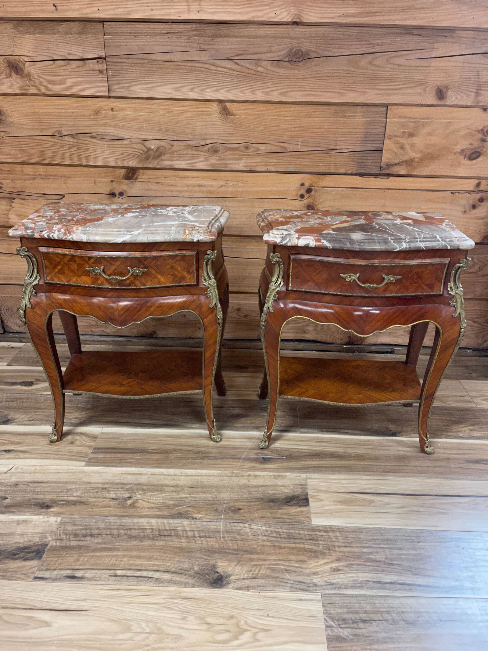 PAIR OF 19th CENTURY FRENCH MARBLE TOP END TABLES: BRONZE MOUNTED, MARBLE TOP, SINGLE DRAWER END TABLES, 26 3/4"T X 23 1/2"W X 13 1/2"D