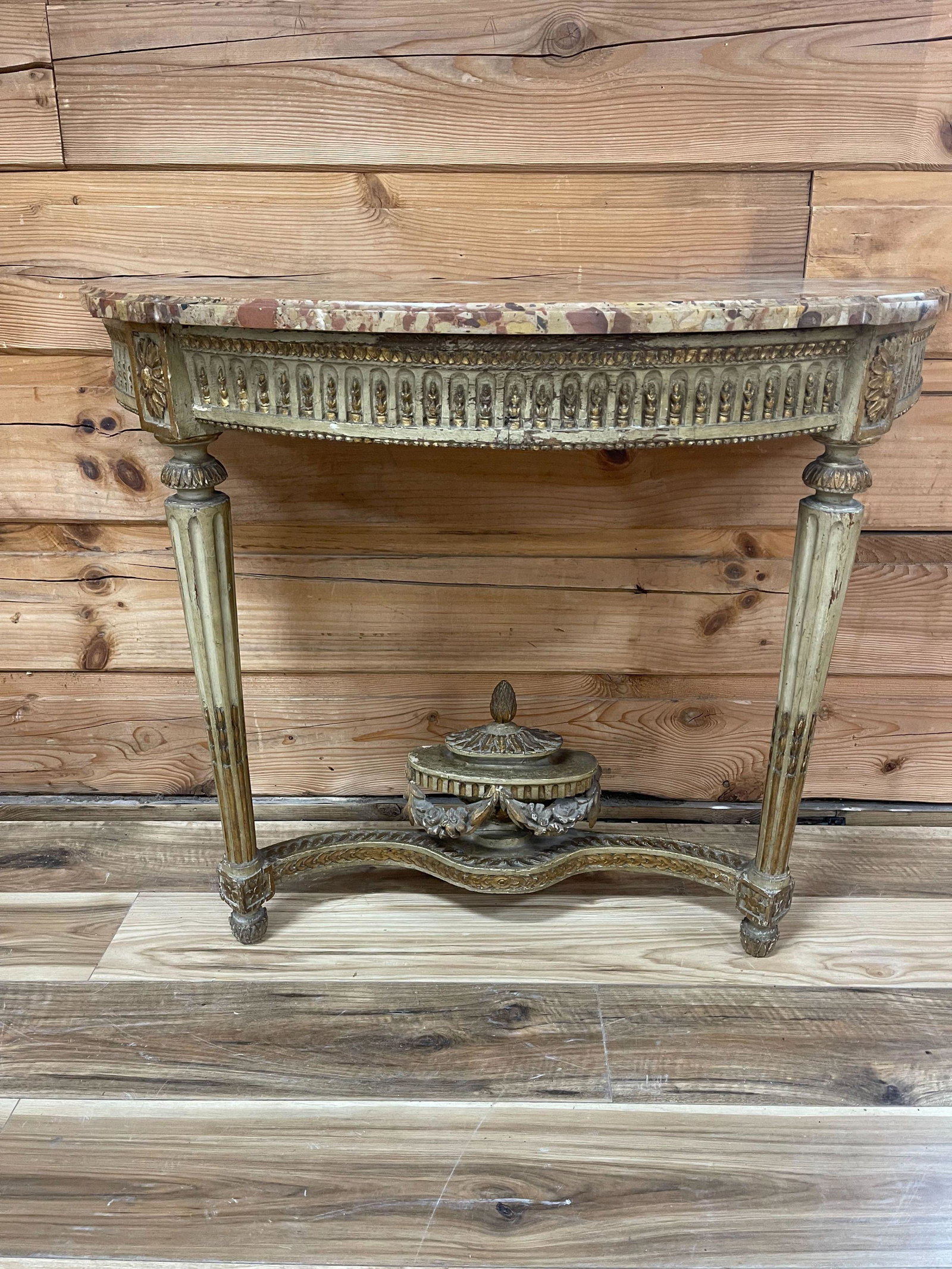 18th CENTURY ITALIAN WALL MOUNT MARBLE TOP CONSOLE TABLE: ORGINAL MARBLE TOP CONSOLE TABLE, 43"W X 32"T X 19 3/4"D