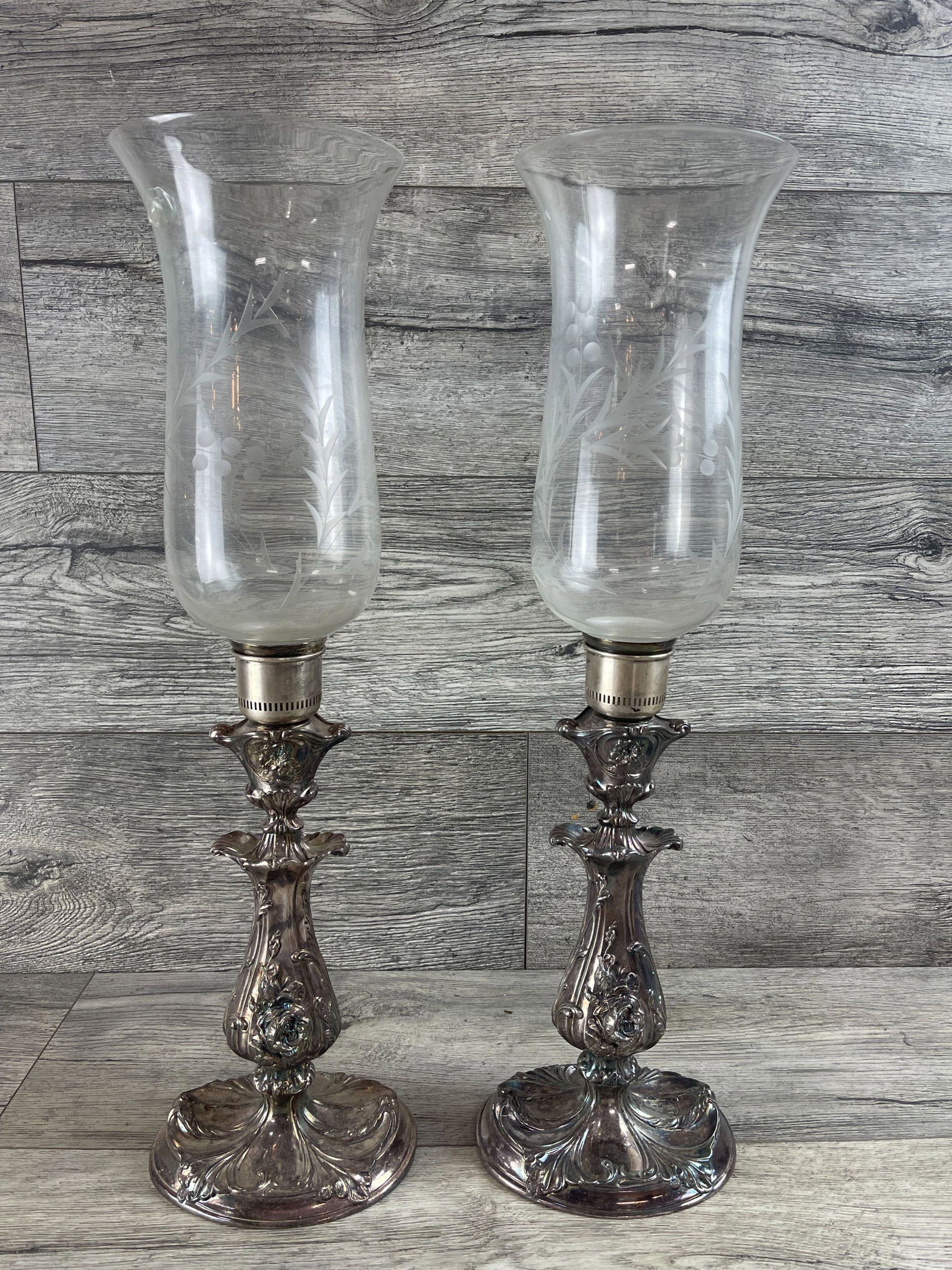 ORNATE PAIR OF ETCHED GLASS CANDELABRAS: 21"T