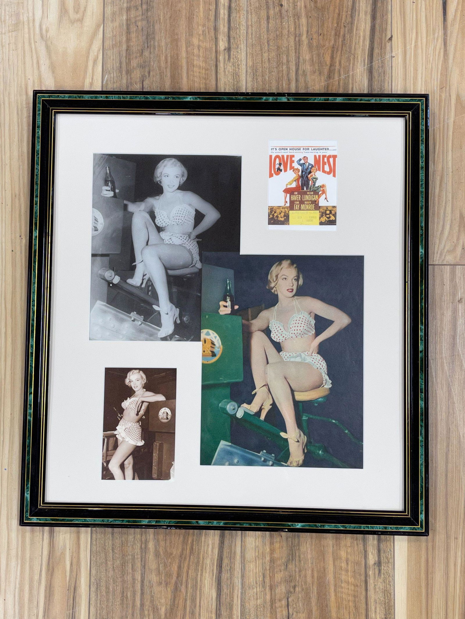 PROFESSIONALLY FRAMED PHOTO COLLAGE OF MARILYN MONROE: POLKA DOT BIKINI CLAD MARILYN POSING FOR 20th CENTURY FOX PHOTO SHOOT. B/W PHOTO IS AUTHENTIC-1957, THE MARILYN MONROE COLLECTION "LOVE NEST", FRAMED SIZE 19 3/4" X 21 7/8"