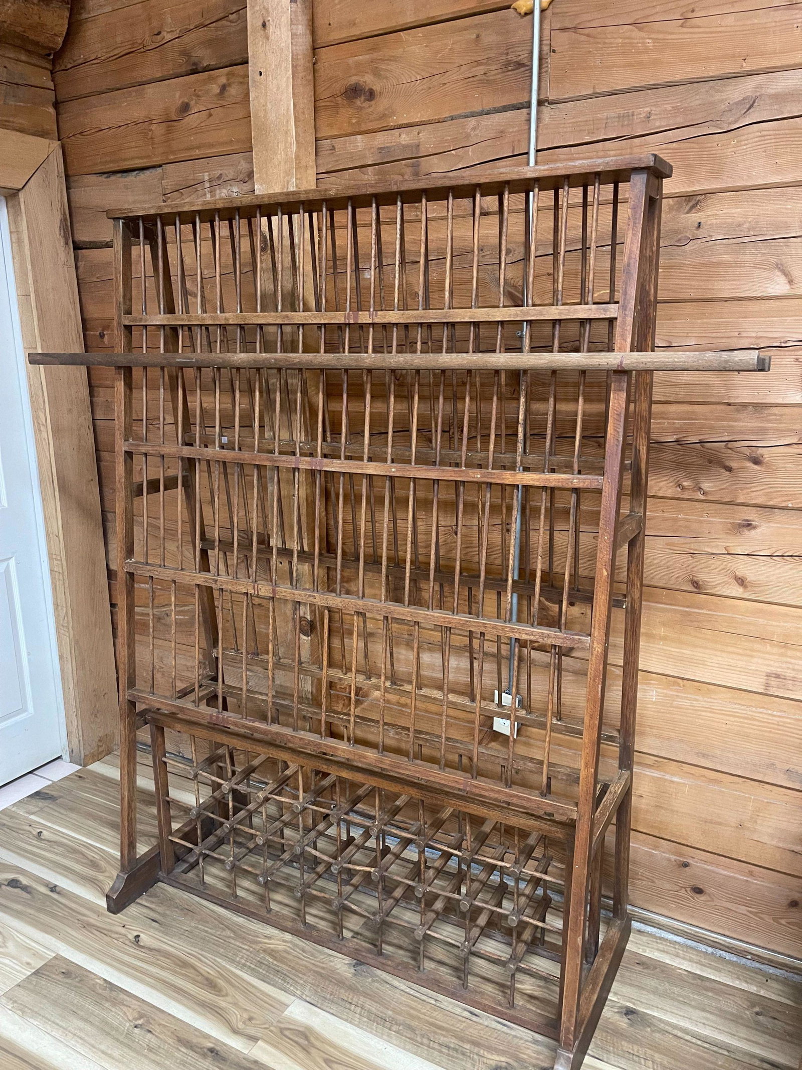 RARE! INCREDIBLE 19th C AMERICAN DISH/PLATTER DRYING RACK: ORIGINAL FINISH, RACK WAS USED IN LARGE COUNTRY HOUSE KITCHEN TO DRY AND STORE DISHES. RACK ALSO HAS ITS OWN CANDLE DRYING HANGER AND WINE STORAGE AT THE BOTTEM. VERY STURDY, GREAT DISPLAY FOR YOUR CO