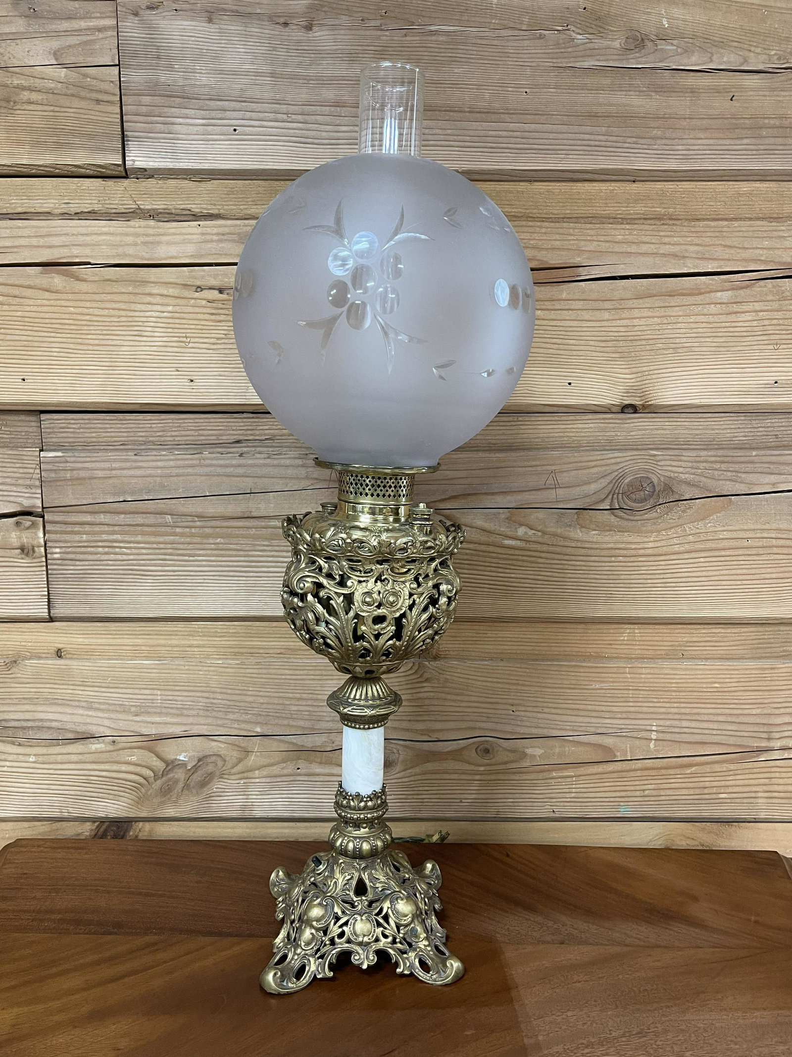 VICTORIAN BALL SHADE BANQUET LAMP: ETCH GLASS GLOBE. HAS BEEN CONVERTED TO ELECTRIC. 29" TALL