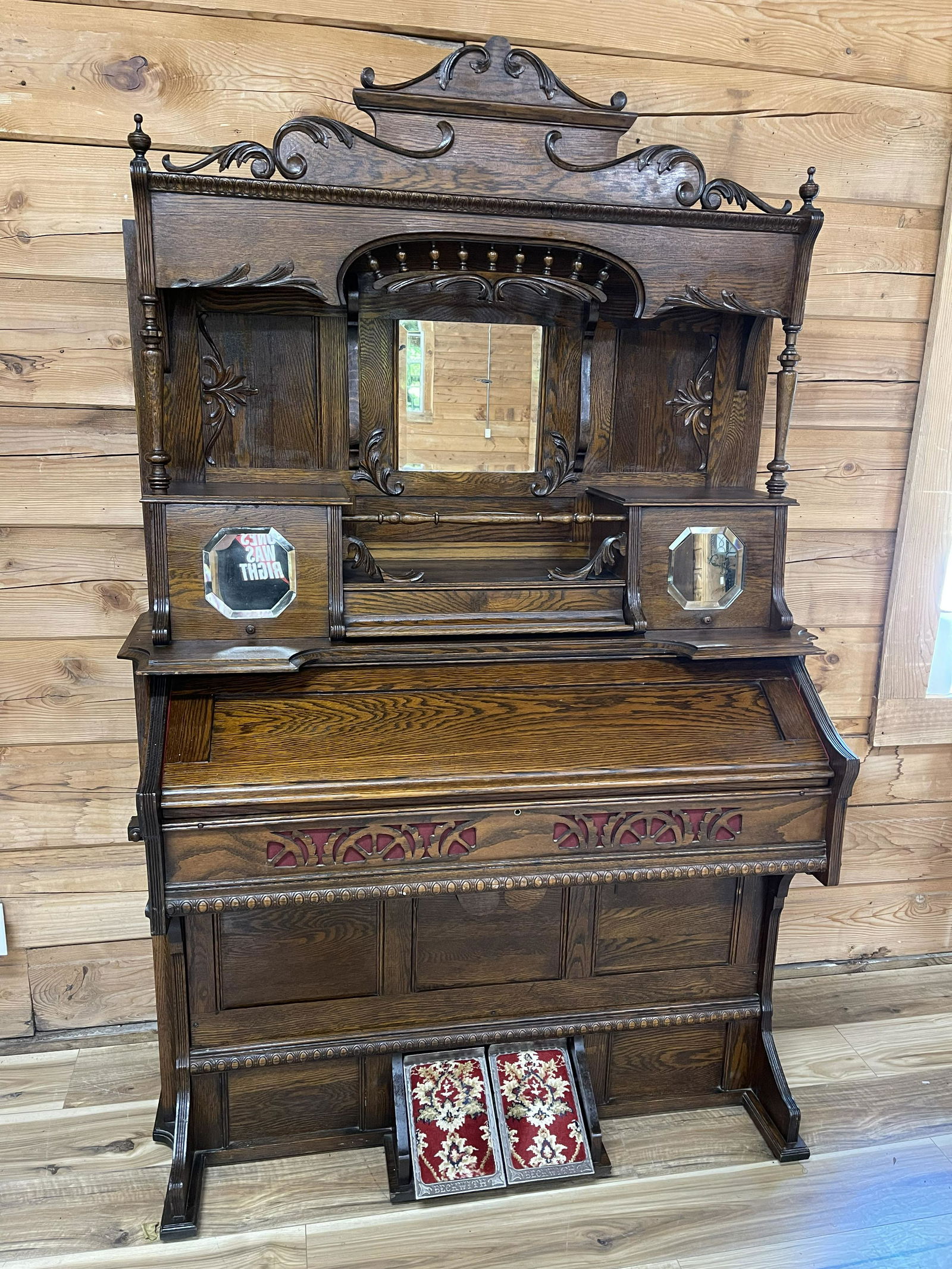 BECKWITH OAK PUMP ORGAN: BECKWTIH ORGAN CO. CHICAGO, IL. 2 PIECE, ORIGINAL FINISH, BEAUTIFUL UPPER GALLERY WITH BEVEL MIRRORS. APPROX. 81" T X 52 1/4"W X 23"D