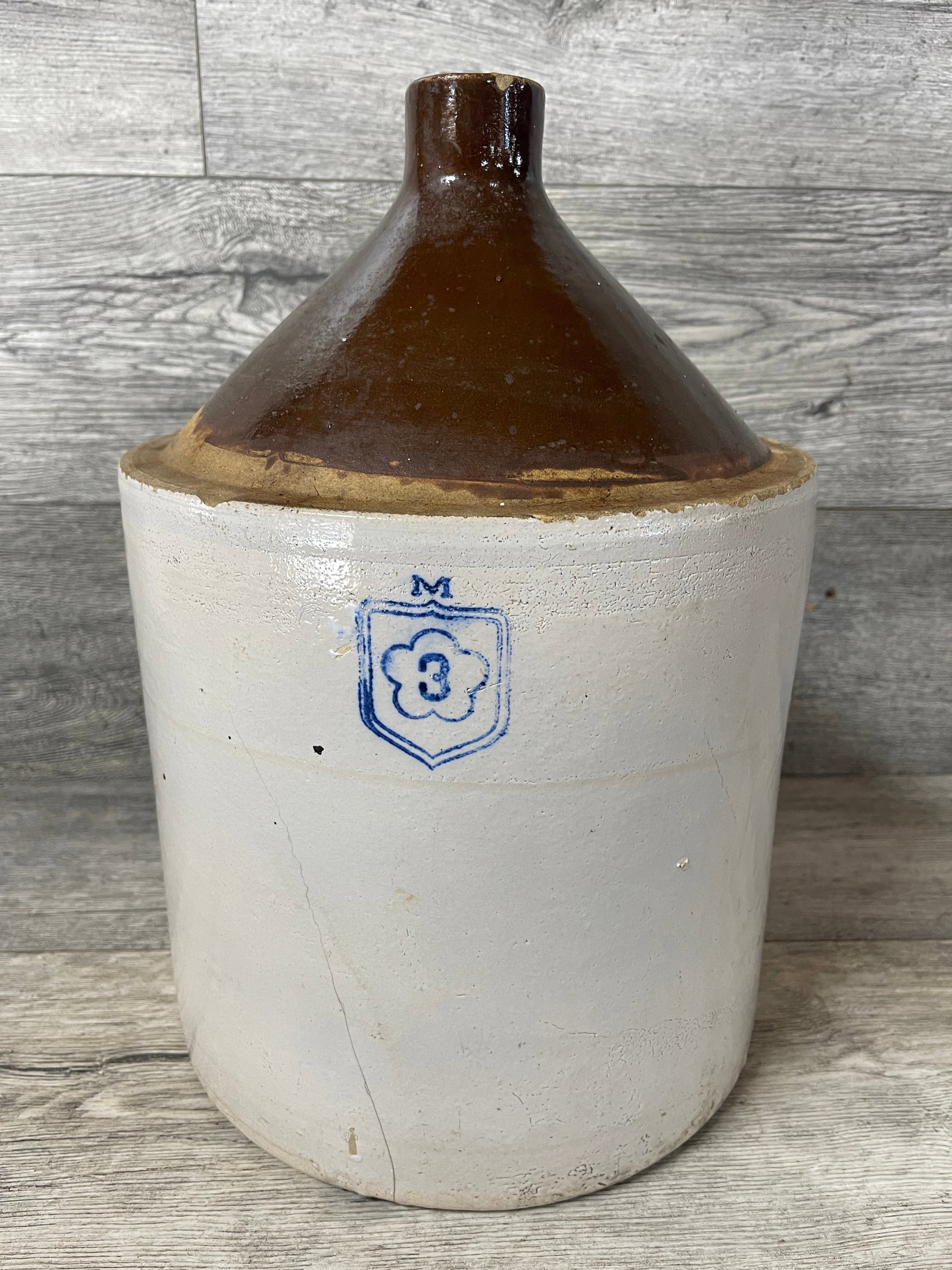 3 GALLON FINGER CROCK WHISKEY JUG: DOES HAVE CRACK IN IT (AS SEEN IN PICTURE)