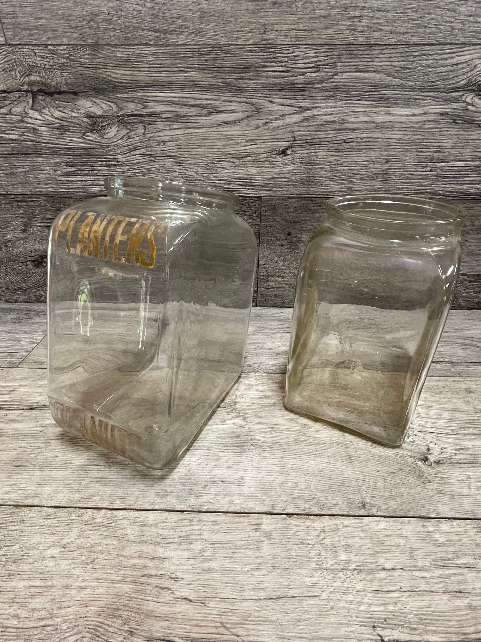 2 PLANTERS PEANUT JARS: STORAGE DISPLAYS. NO CHIPS. NO LIDS.