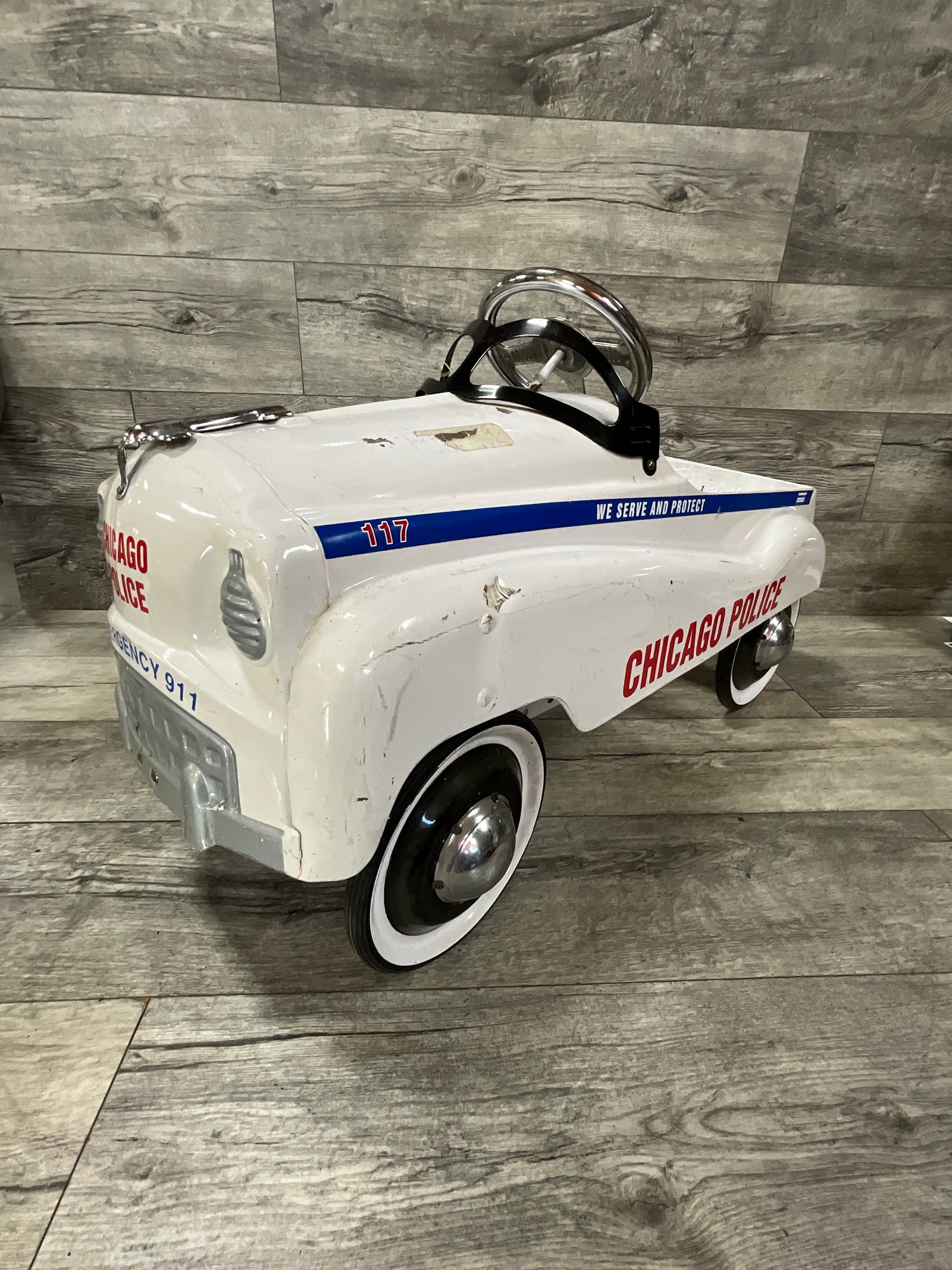 GEARBOX CHICAGO POLICE PEDAL CAR: REPRODUCTION. 35"L.