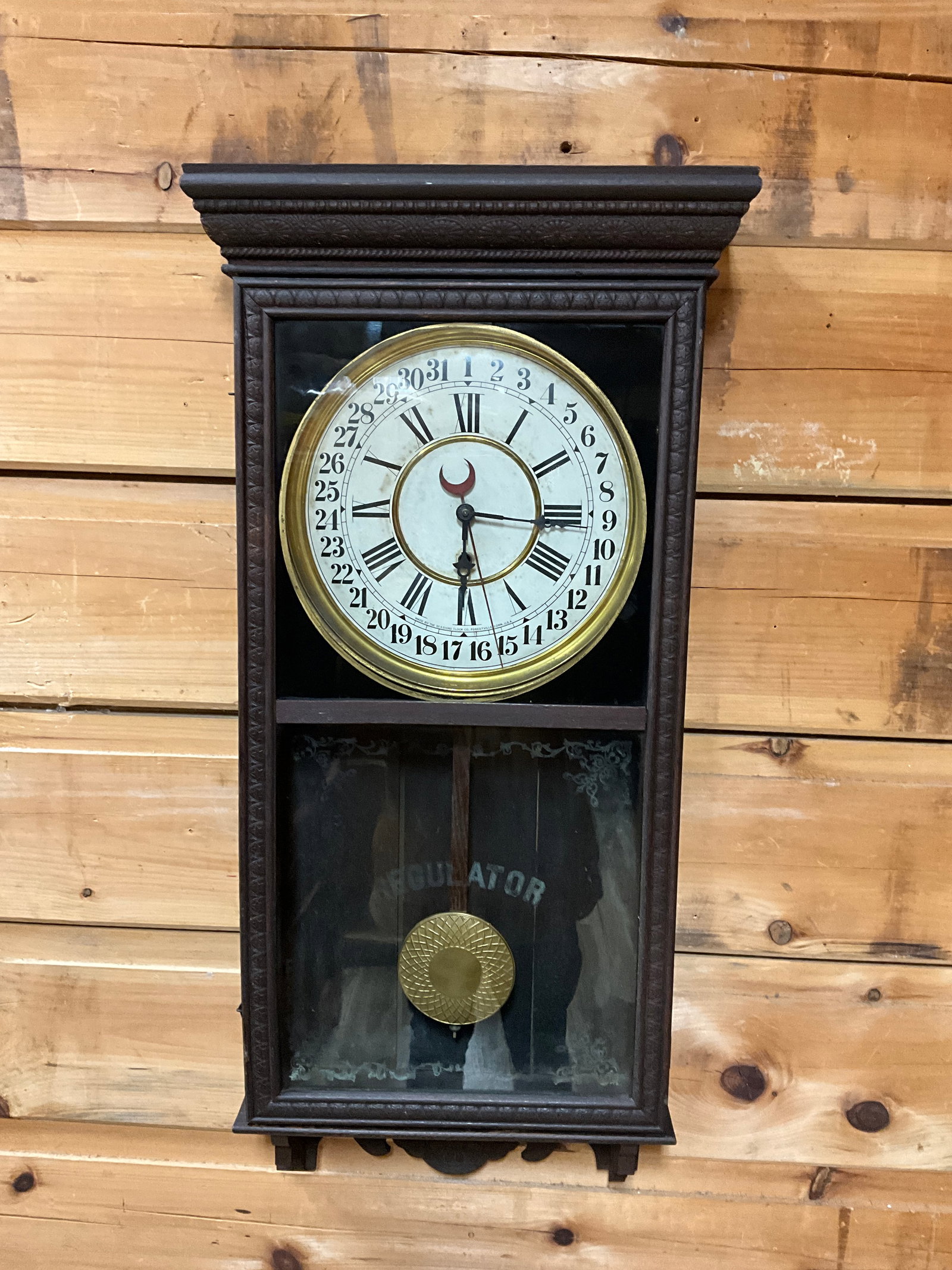 ORIGINAL SESSIONS CALENDAR REGULATOR CLOCK: ALL ORIGINAL. FOUND CONDITION. RUNS AND STOPS. 37.5"T X 18.5"W.